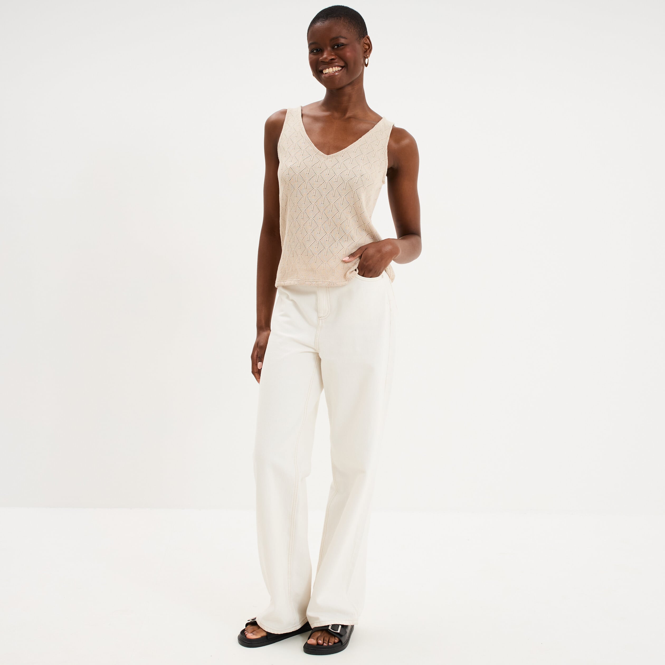 D&eacute;bardeur d&eacute;tails ajour&eacute;s beige femme
