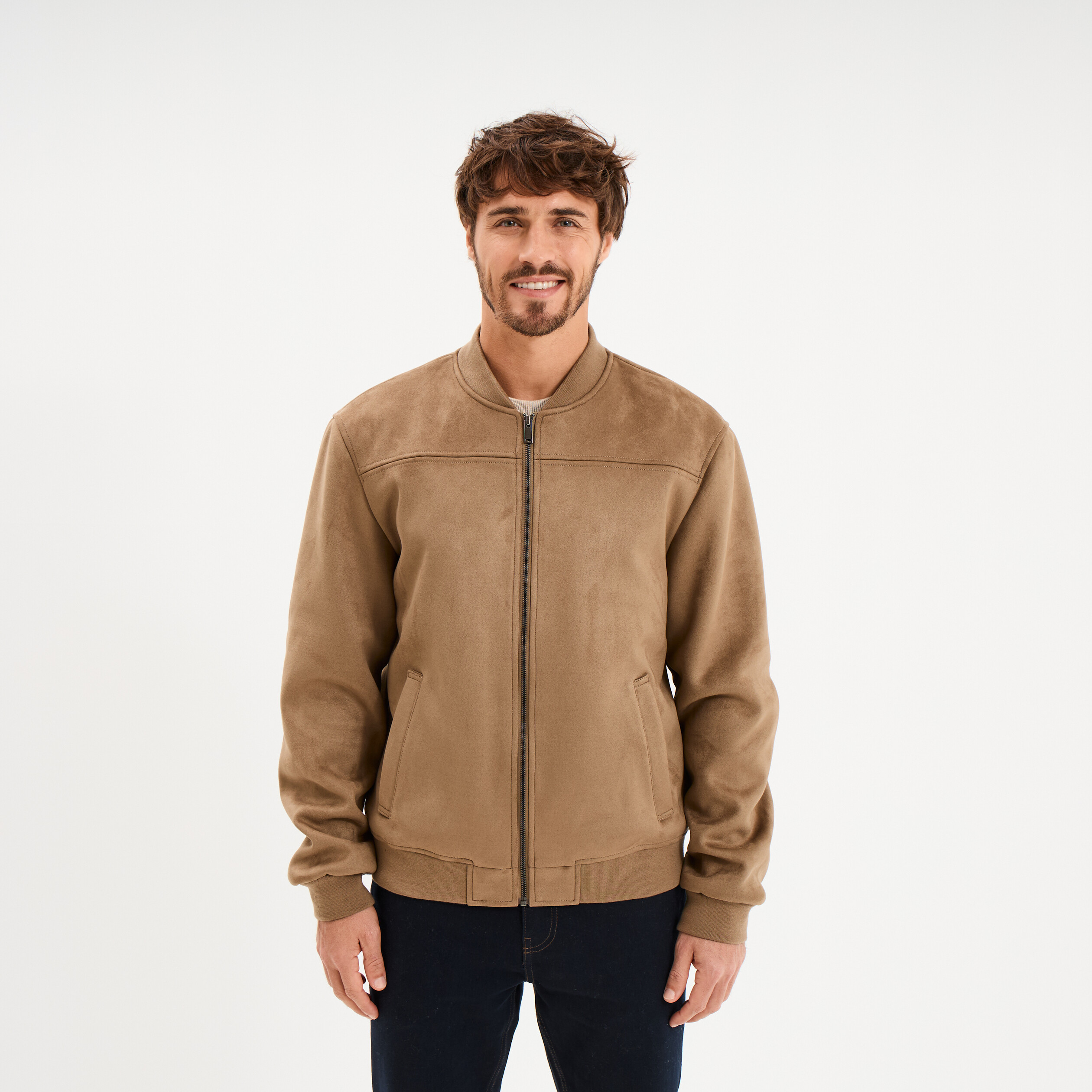 Blouson bomber effet su&eacute;dine taupe homme