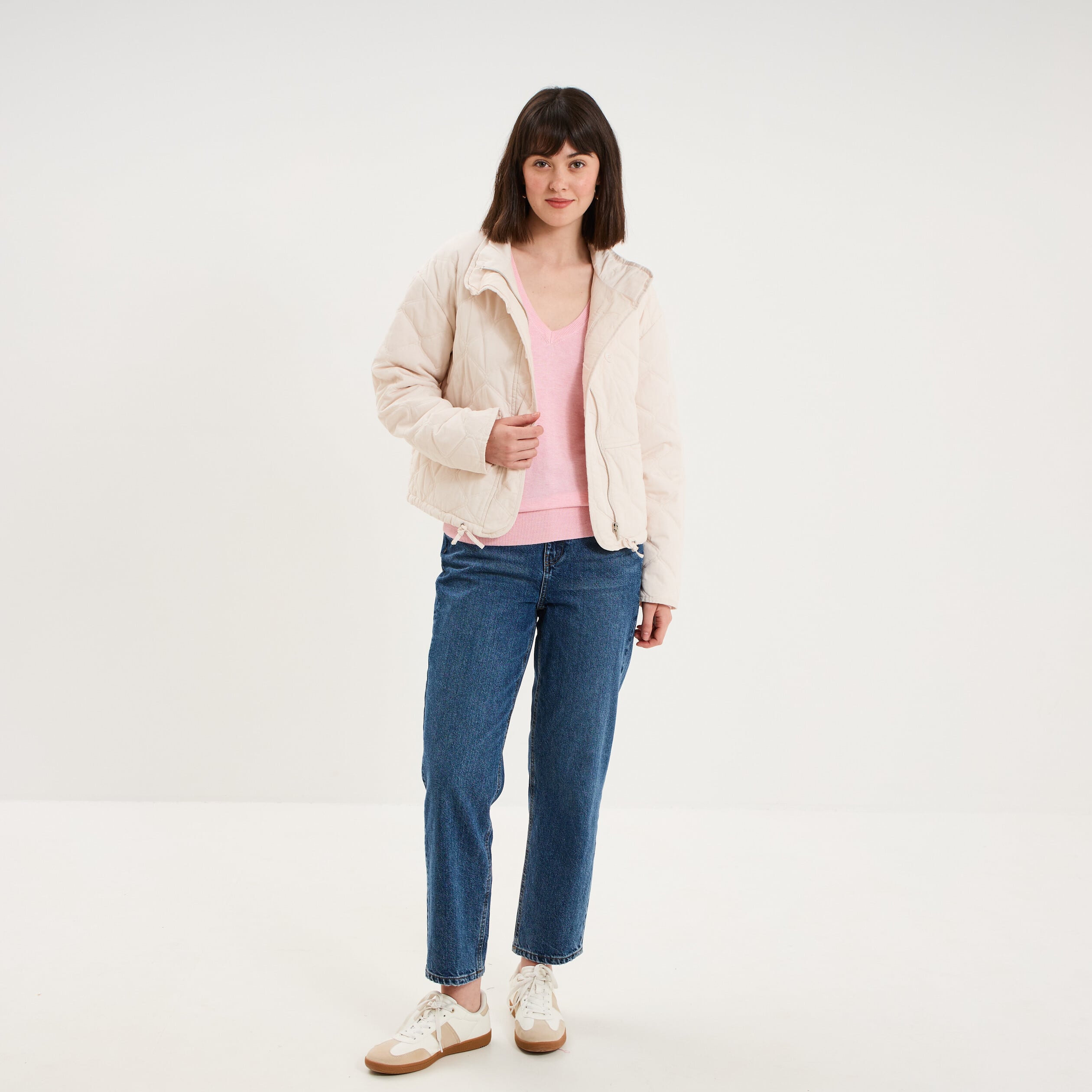 Pull col en V manches longues rose clair femme