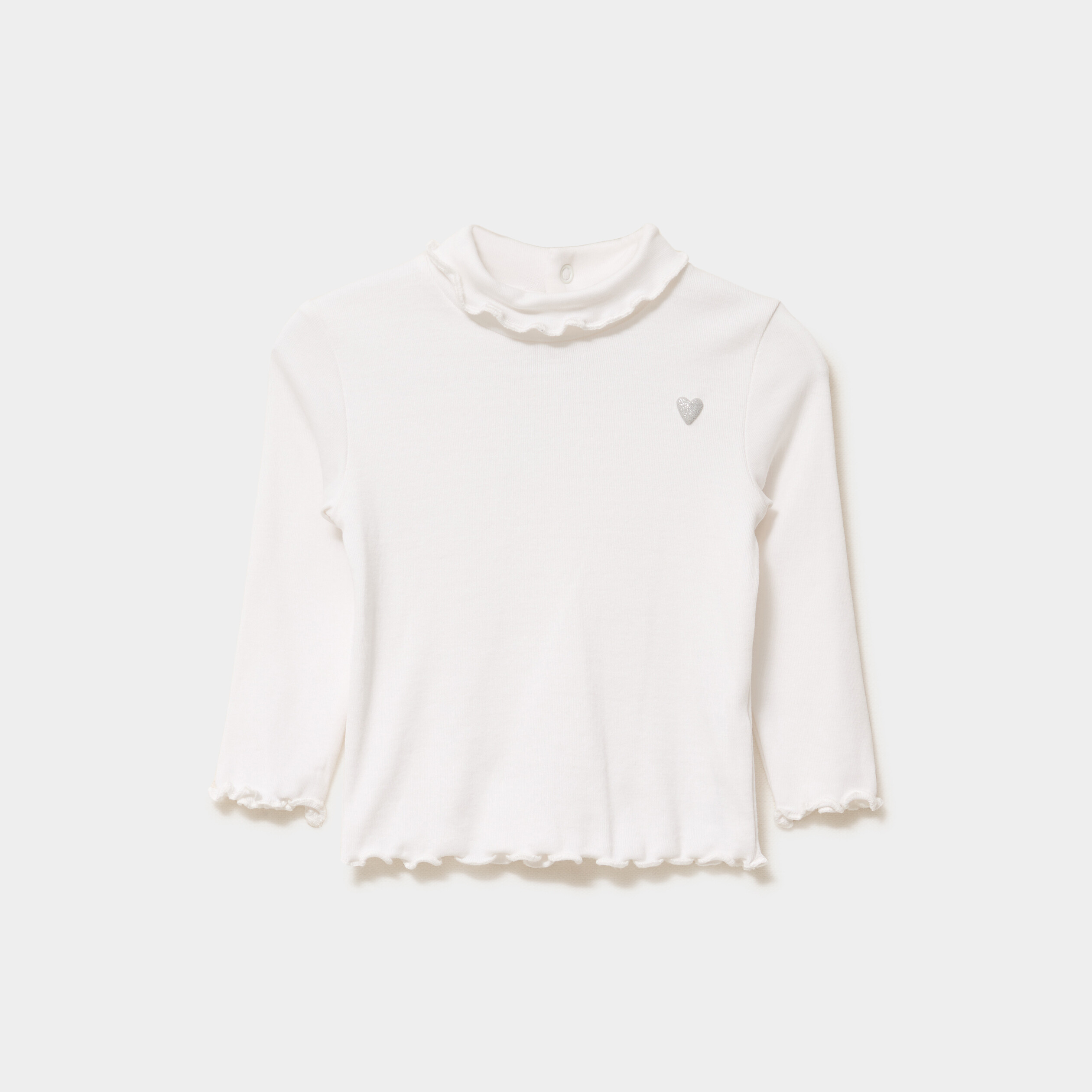 T-shirt col roul&eacute; bords vagues coton blanc b&eacute;b&eacute; fille
