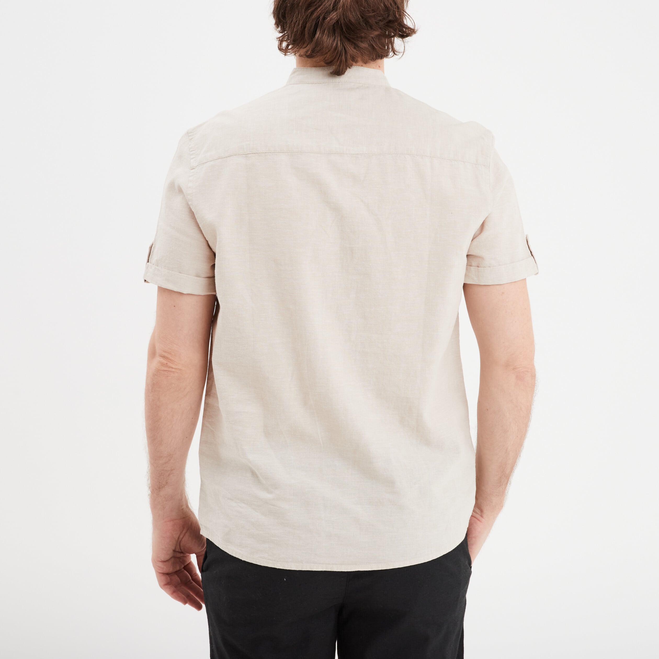 Chemise col mao lin m&eacute;lang&eacute; gris clair homme
