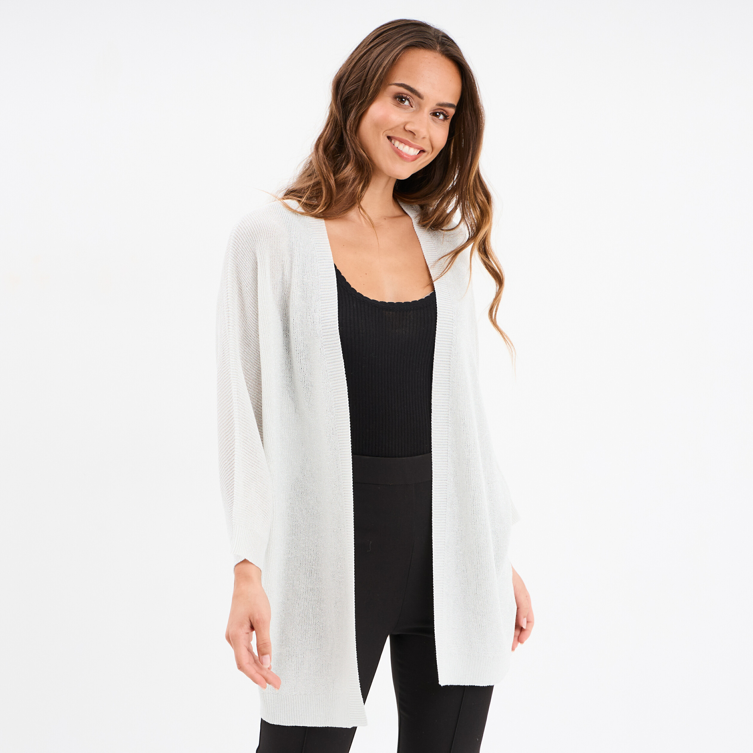 gilet chauve souris mi long gris argent femme Gilet chauve-souris mi-long gris argent femme
