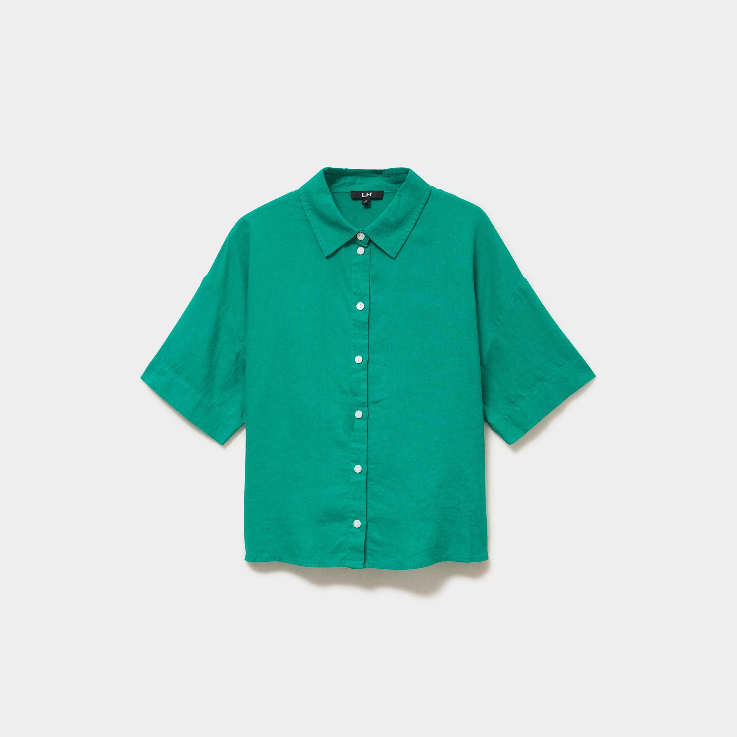 Chemise manches courtes lin m&eacute;lang&eacute; vert canard femme