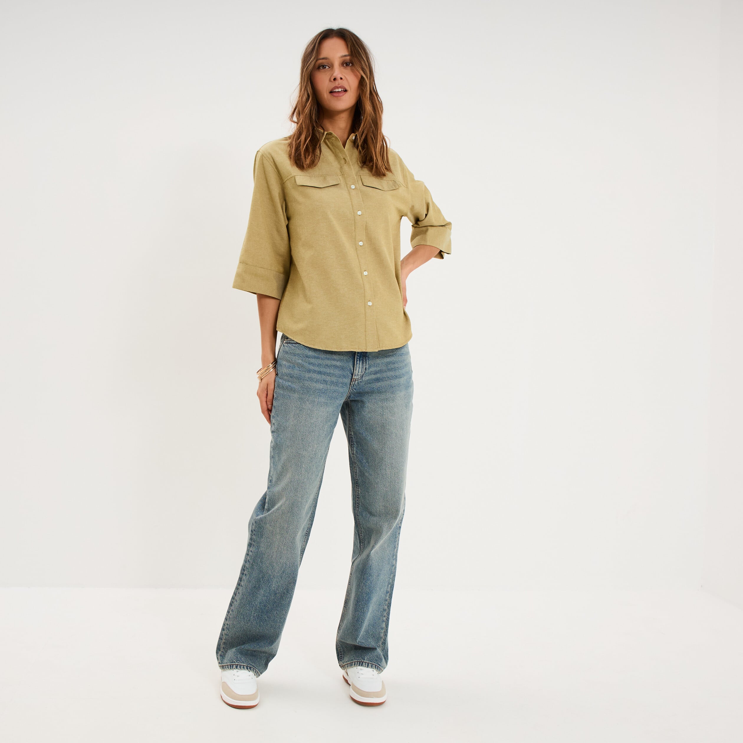 Chemise manches 3/4 poches poitrine vert olive femme