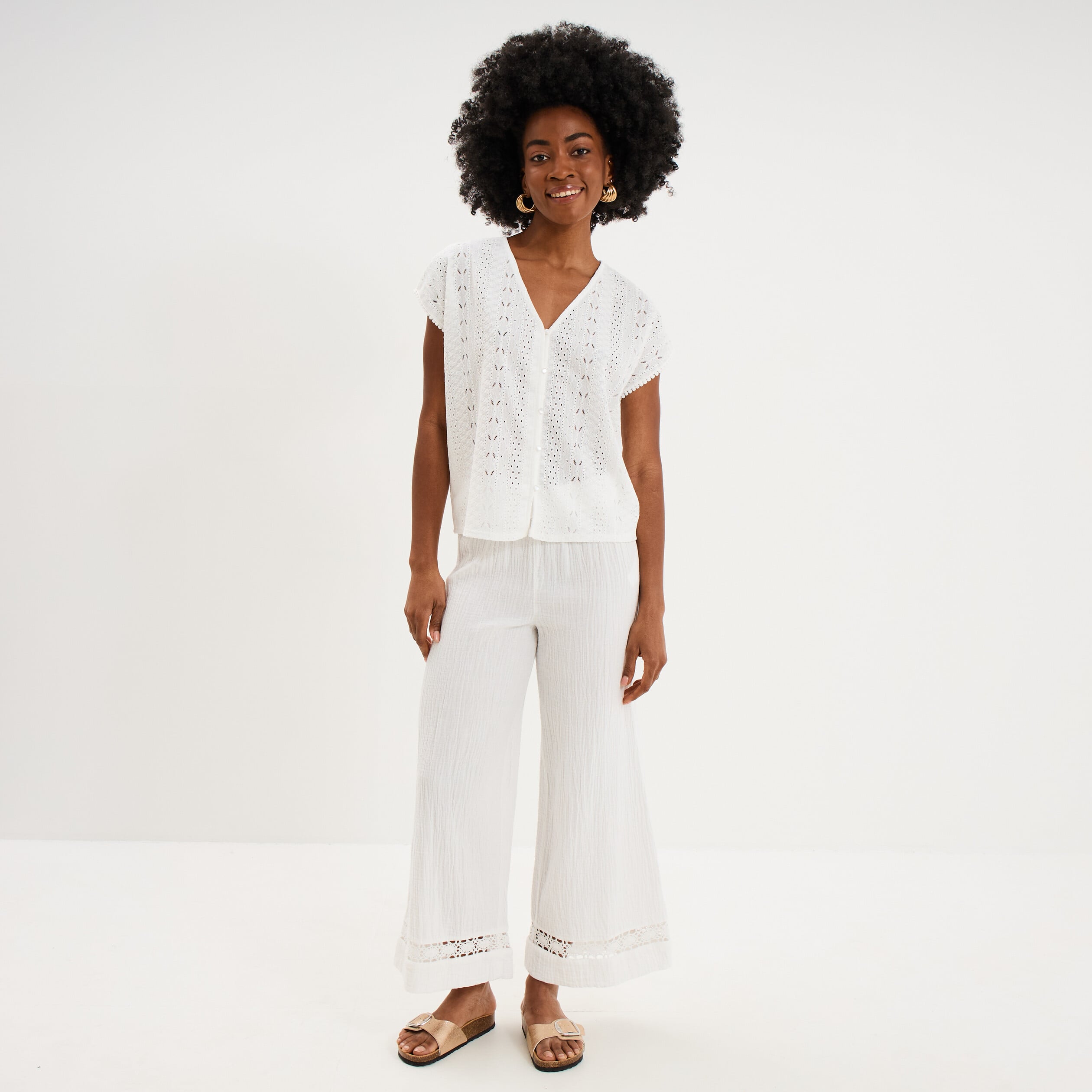 Pantalon large &eacute;lastiqu&eacute;e gaze coton blanc femme