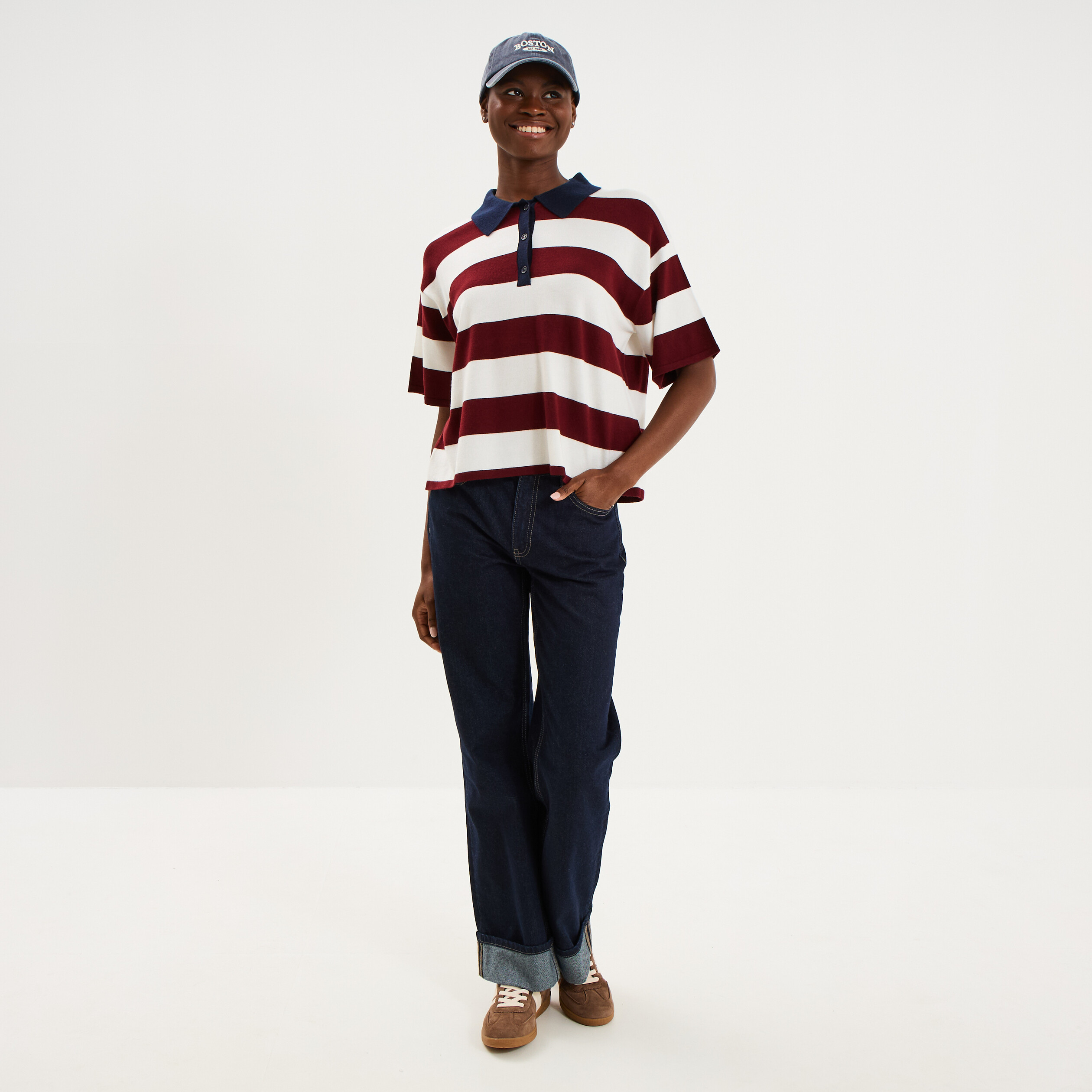 Pull col polo manches courtes ecru femme