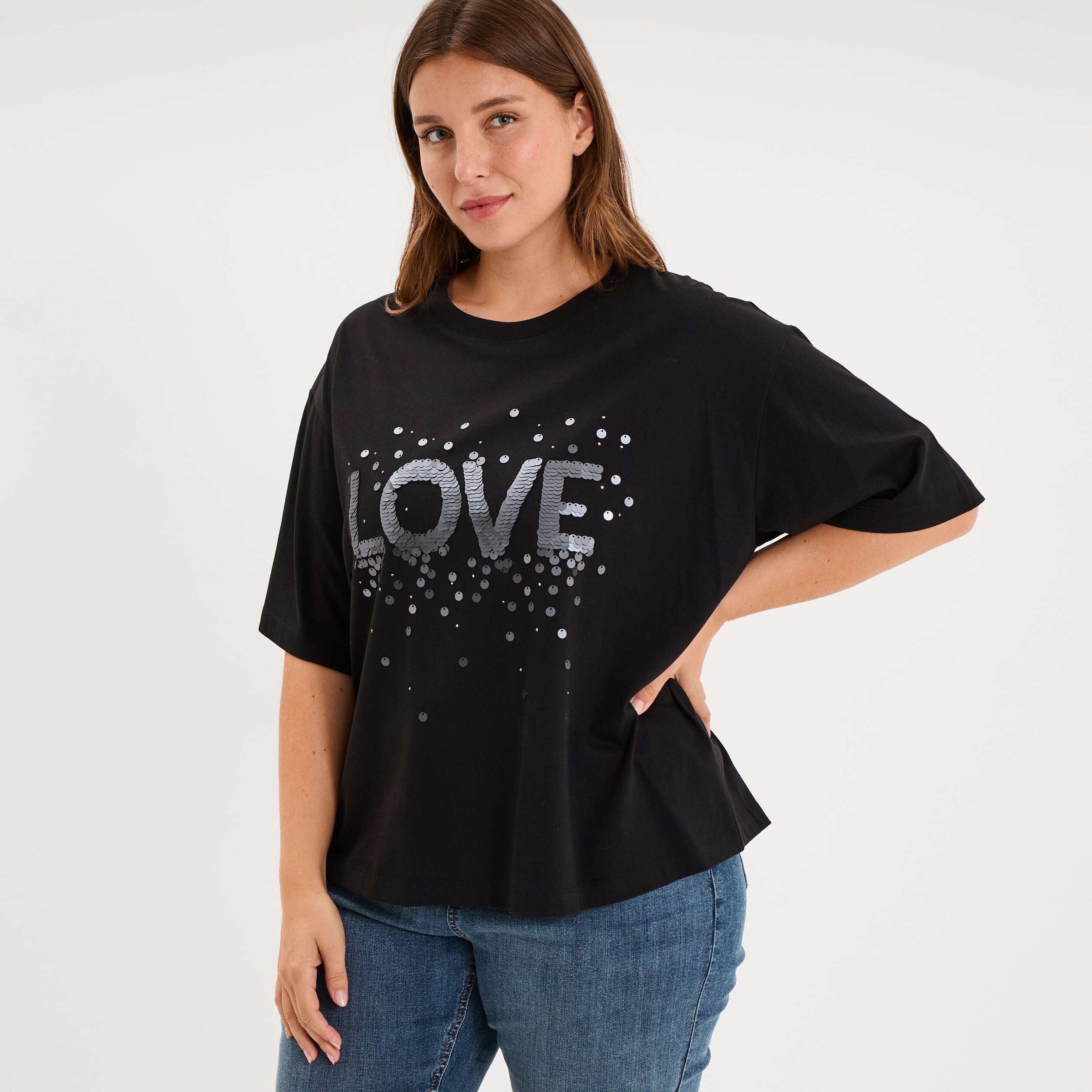 T-shirt oversize &agrave; sequins coton noir femme grande taille
