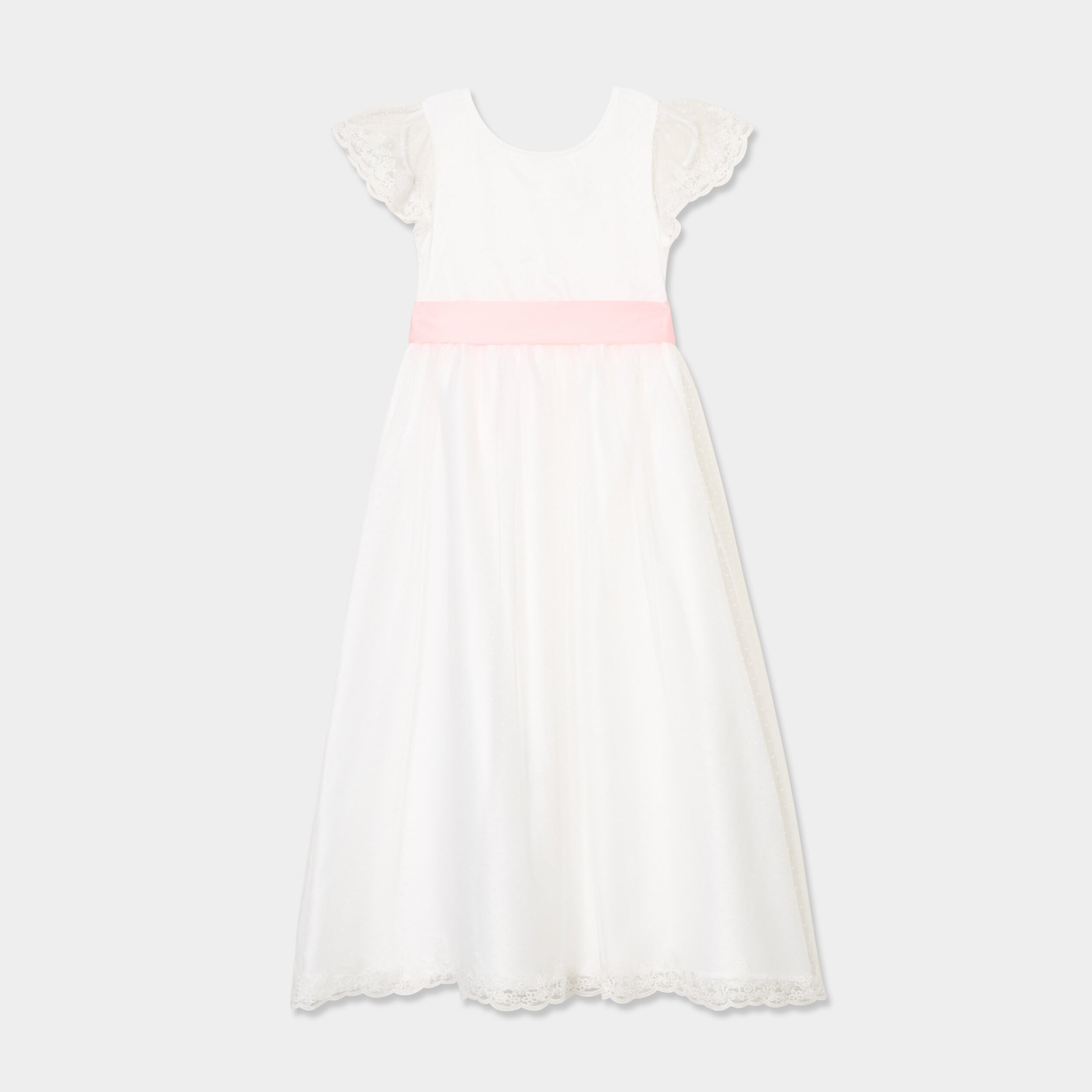 Robe longue tulle brod&eacute;e avec ceinture ivoire fille
