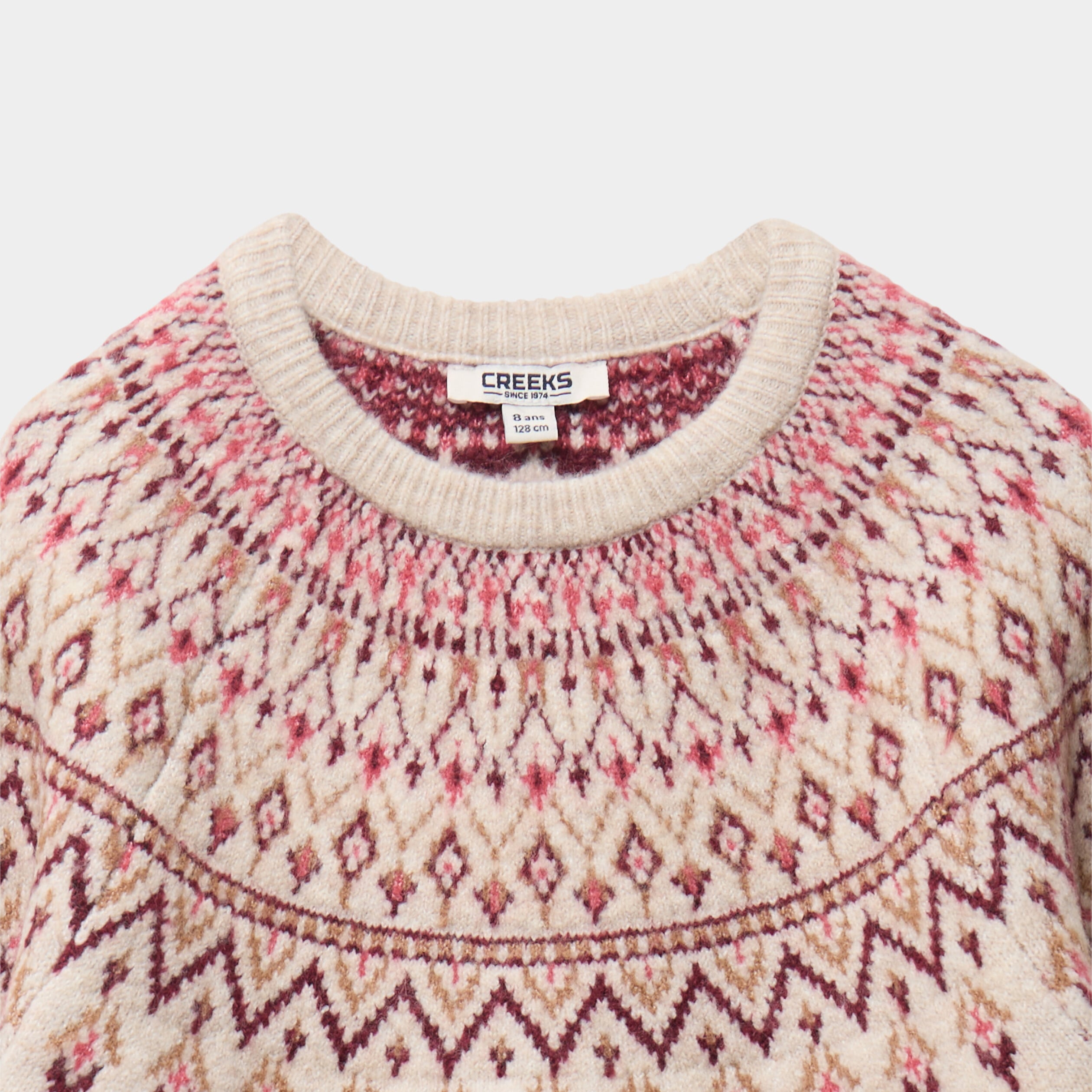 Pull jacquard col rond manches longues ecru fille