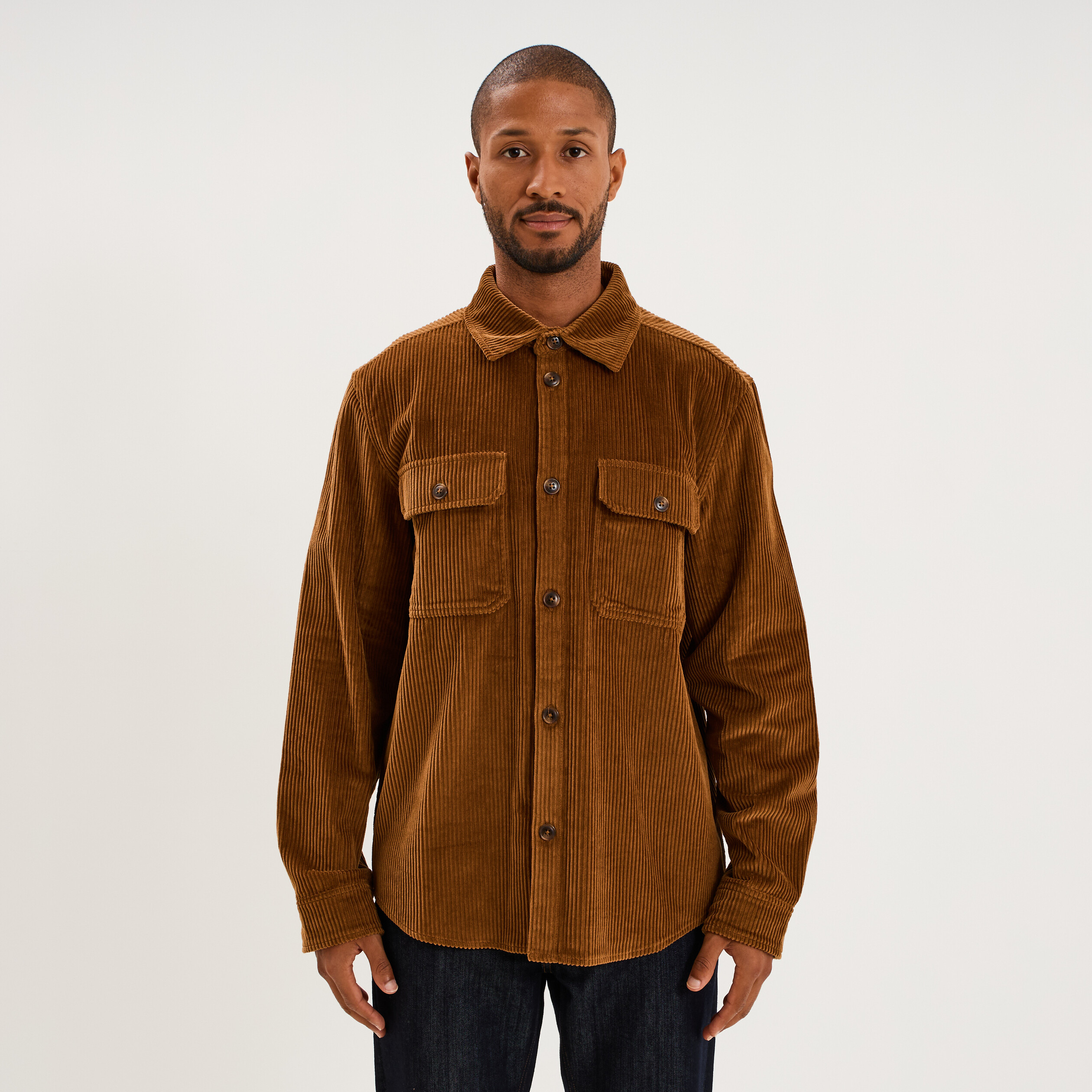 Surchemise droite velours c&ocirc;tel&eacute; coton marron homme