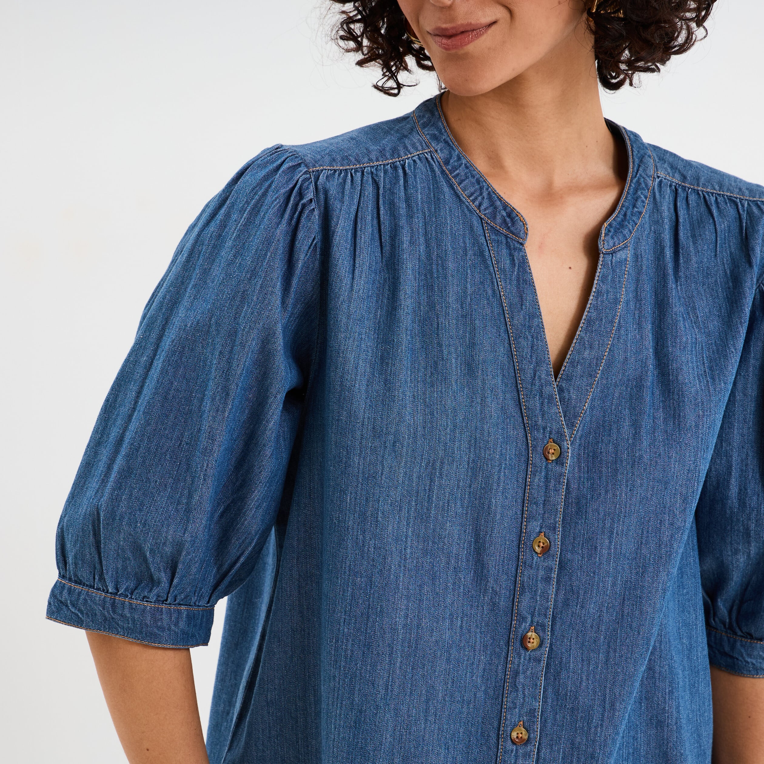 Blouse manches ballons en jean coton denim stone femme