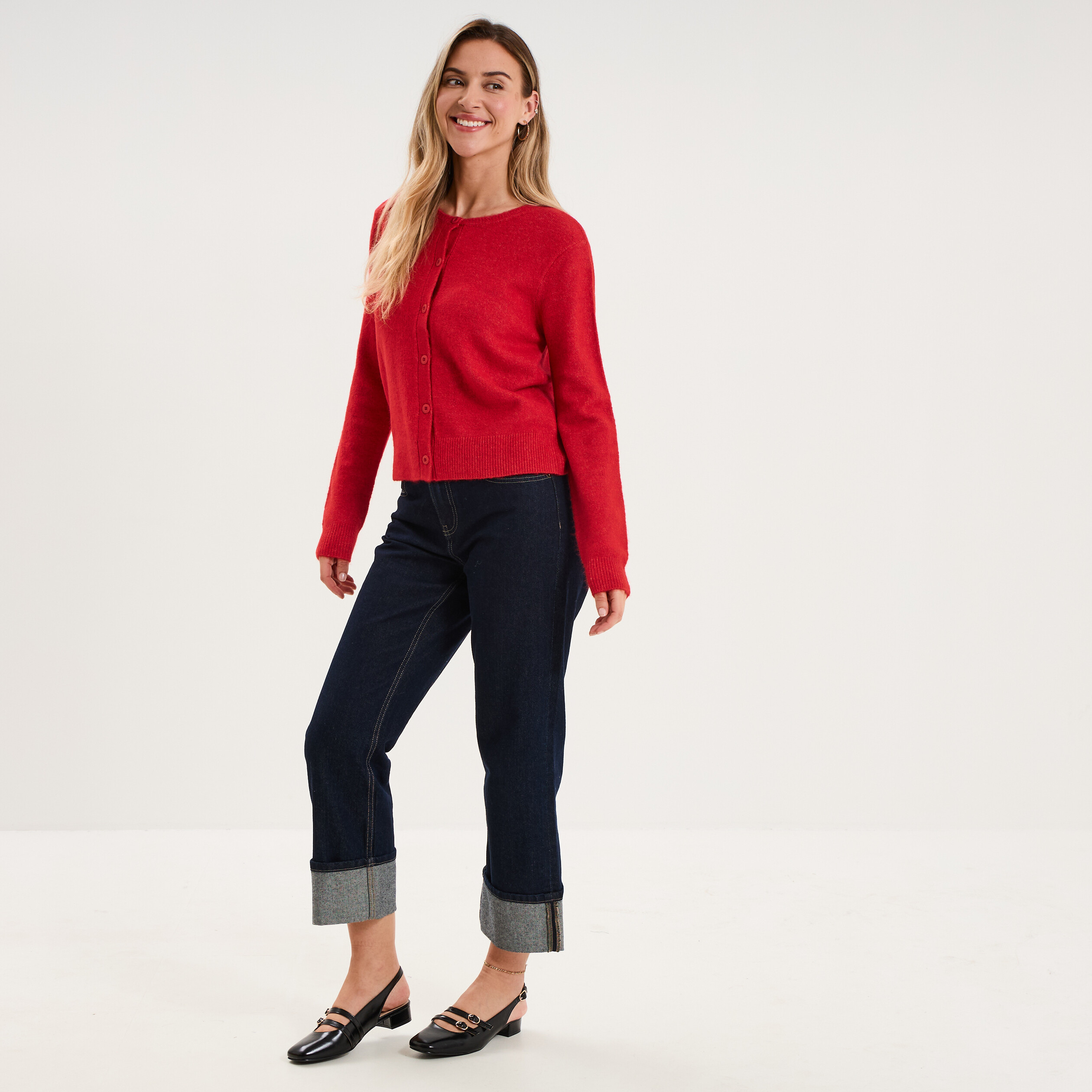 Gilet col rond manches longues rouge femme