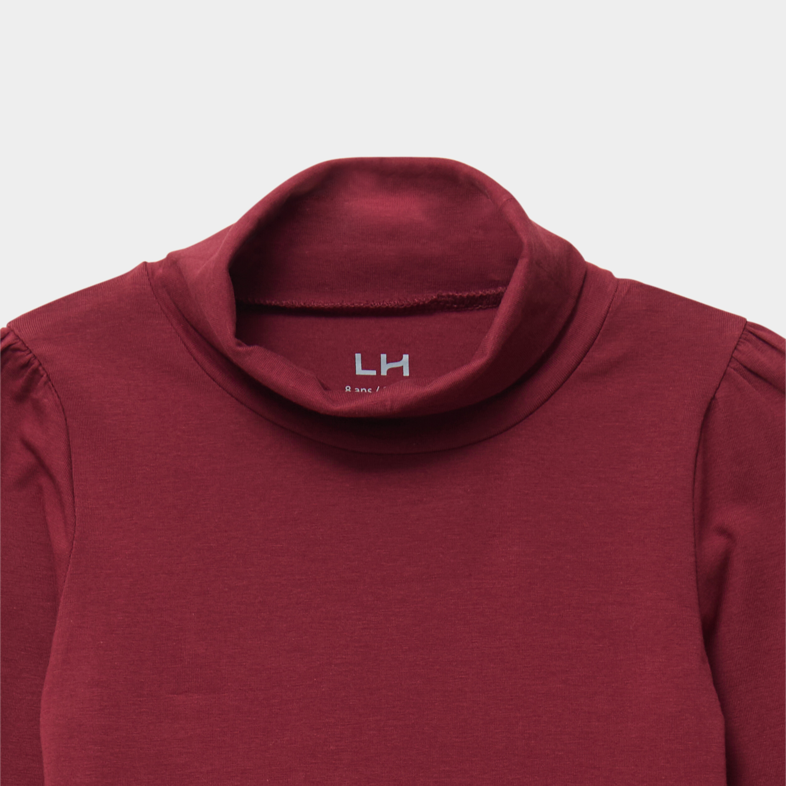 T-shirt col roul&eacute; manches longues coton bordeaux fille