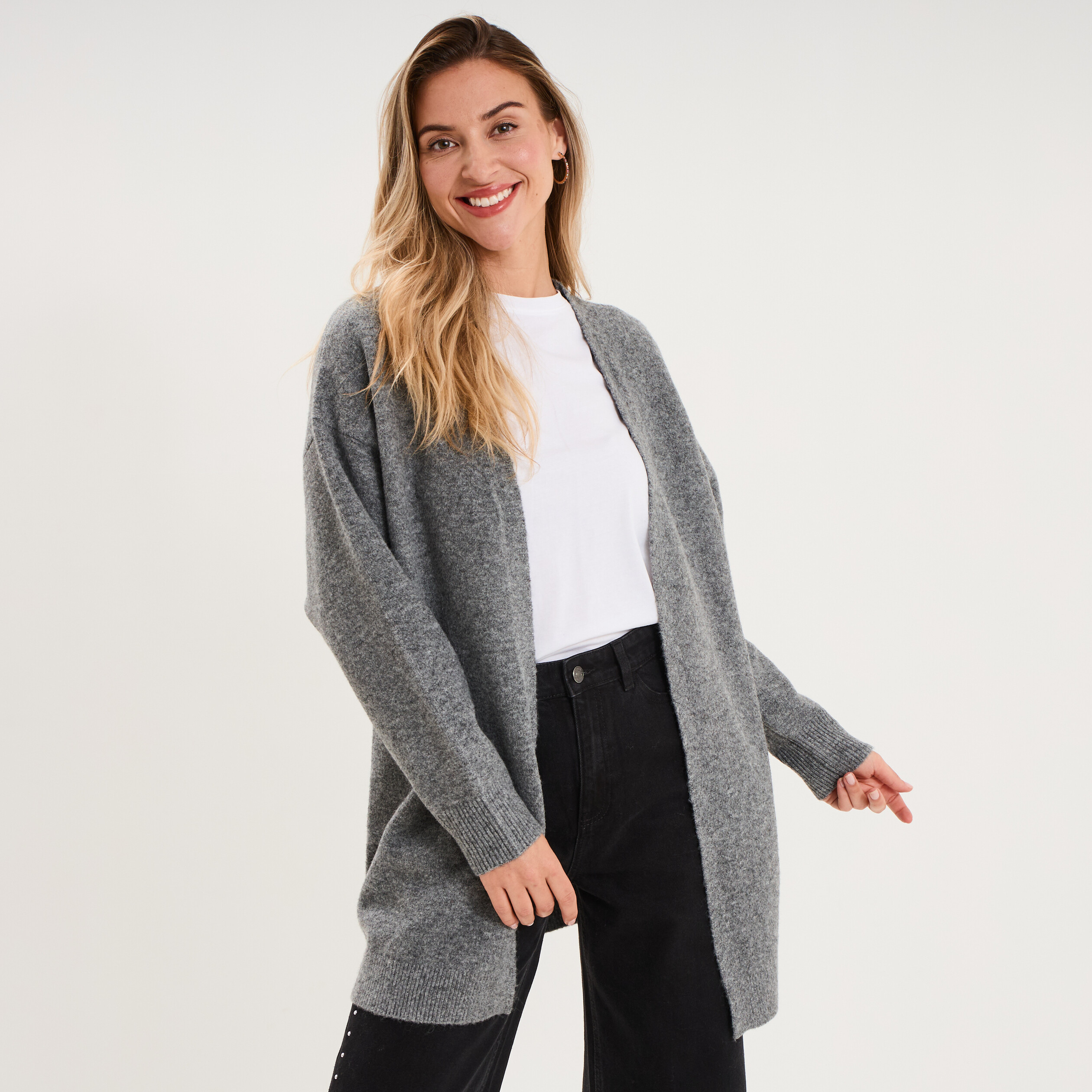Gilet long ample manches longues gris femme