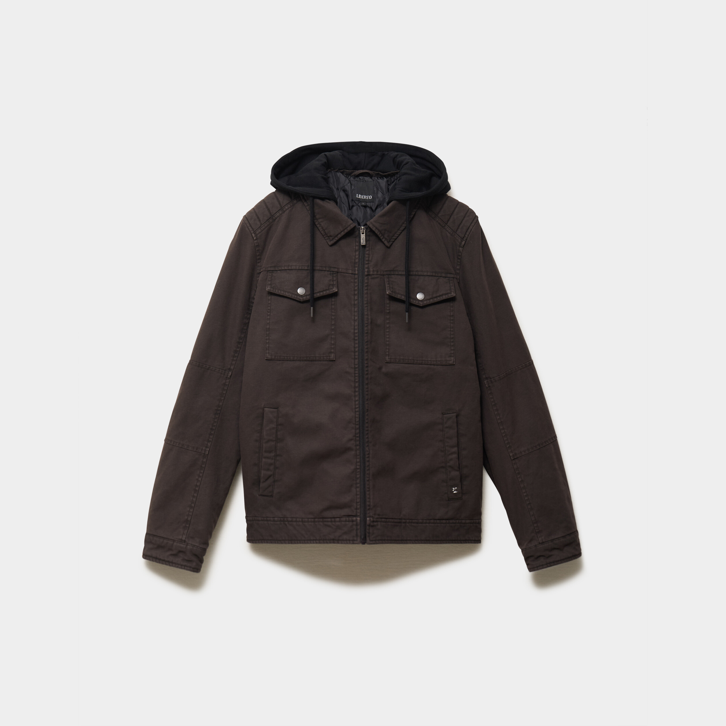 Veste doubl&eacute;e capuche amovible en coton marron fonc&eacute; homme