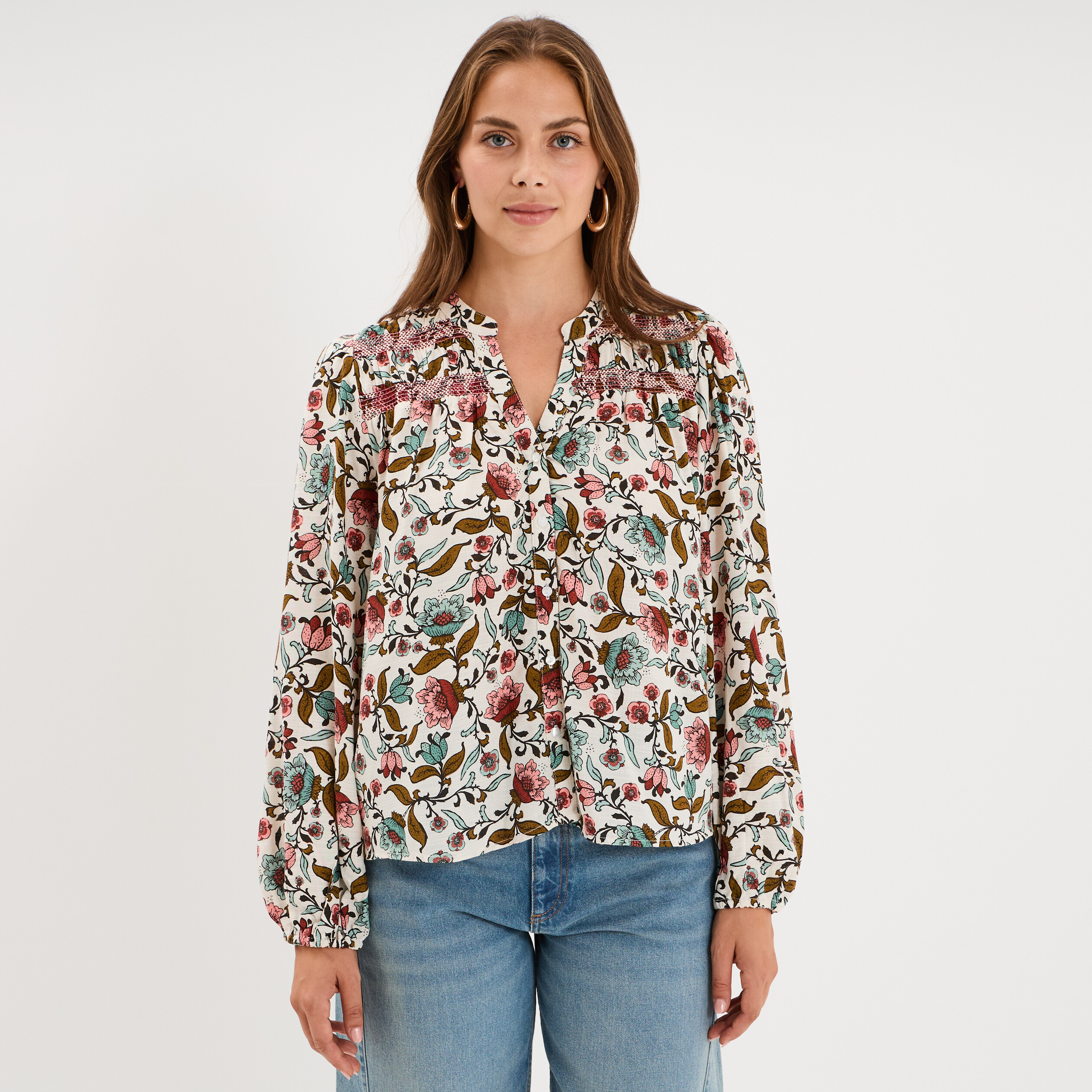 Chemise fluide &eacute;paules smock&eacute;es multicolore femme