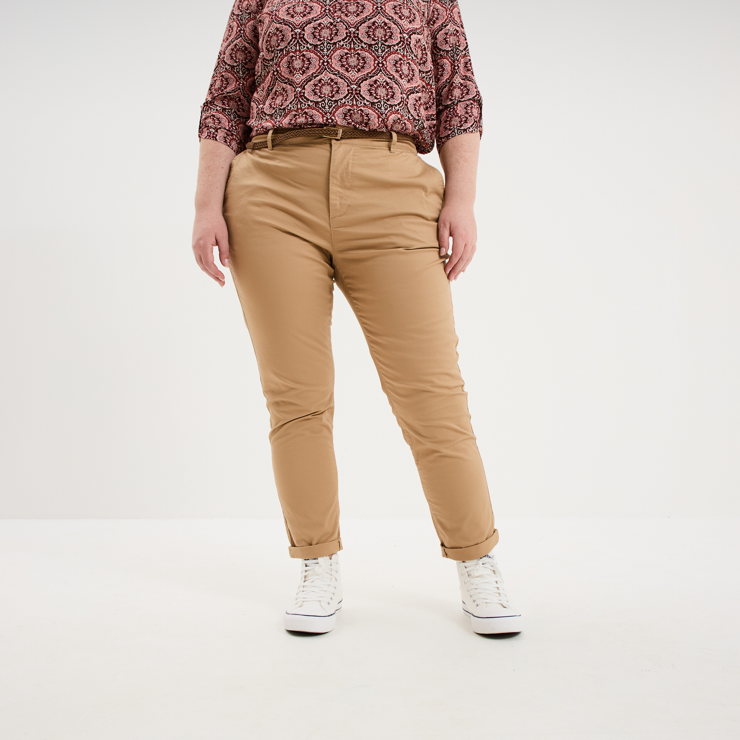 Pantalon chino taille haute coton beige femme grande taille