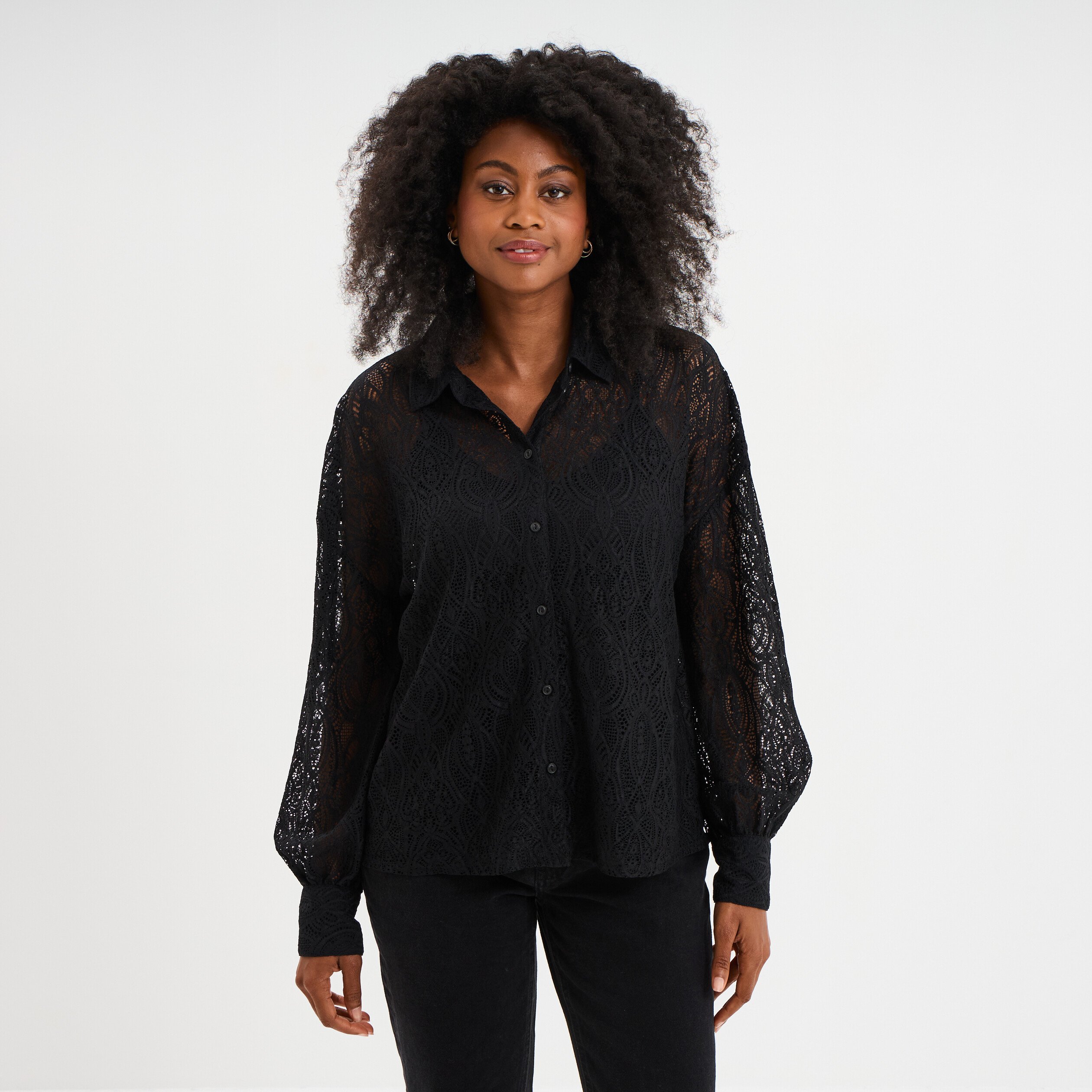 Chemise dentelle manches longues noir femme La Halle