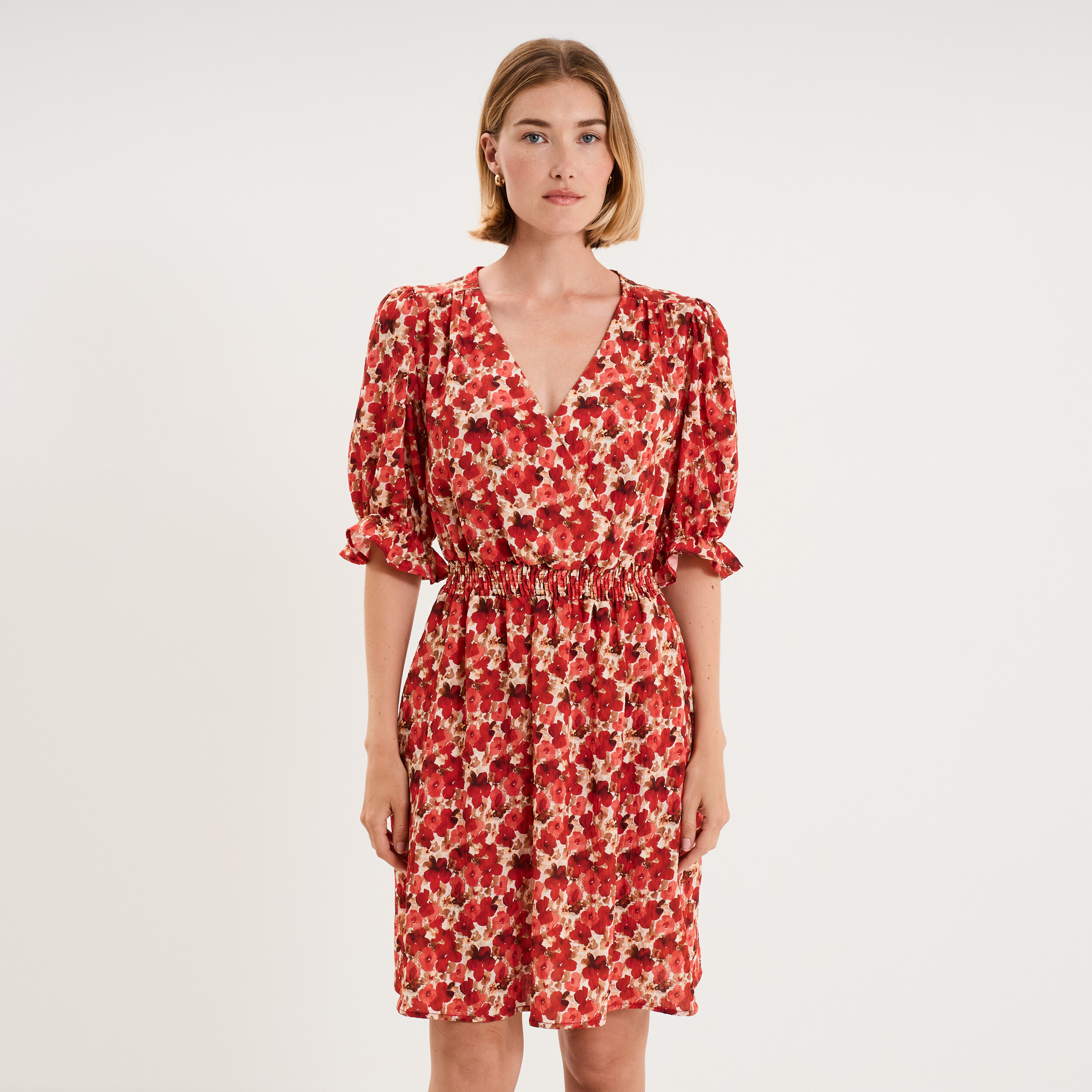 Robe smock&eacute;e manches ballon col V rouge coquelicot femme