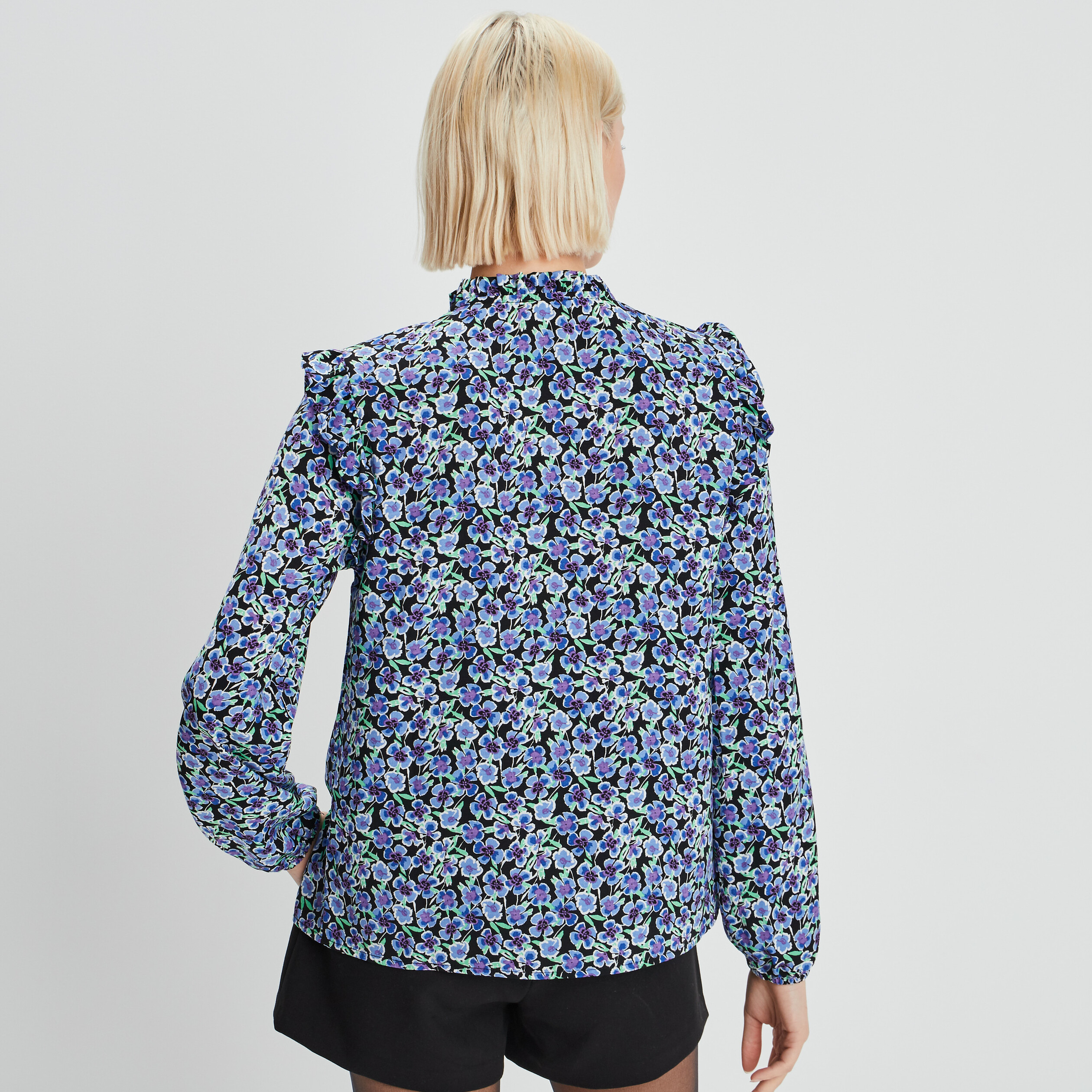 Blouse à épaules et col volantés bleu marine femme