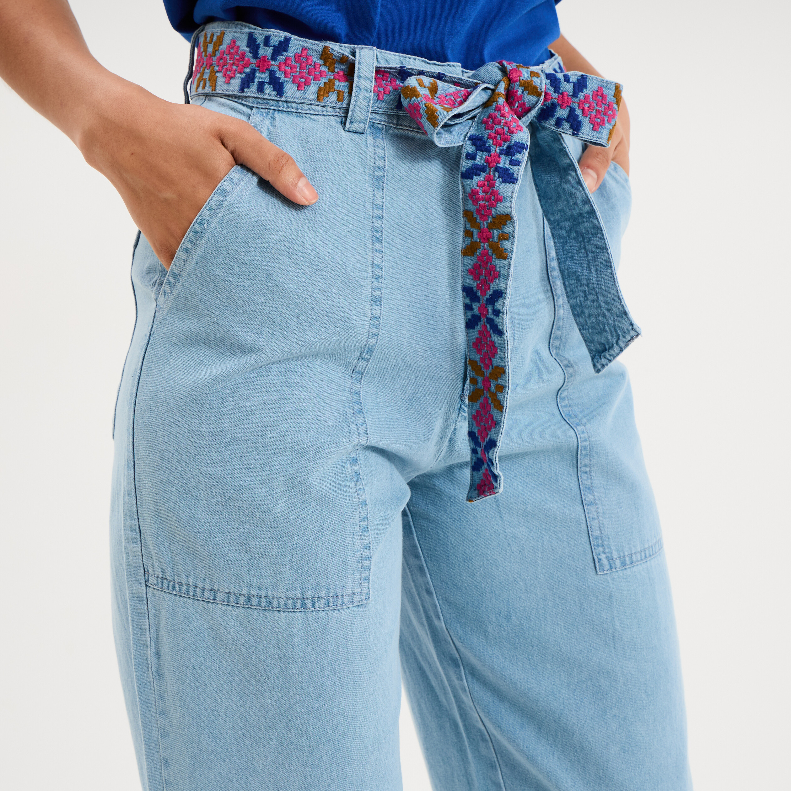 Jean mom cropped taille haute &agrave; ceinture denim triple stone femme