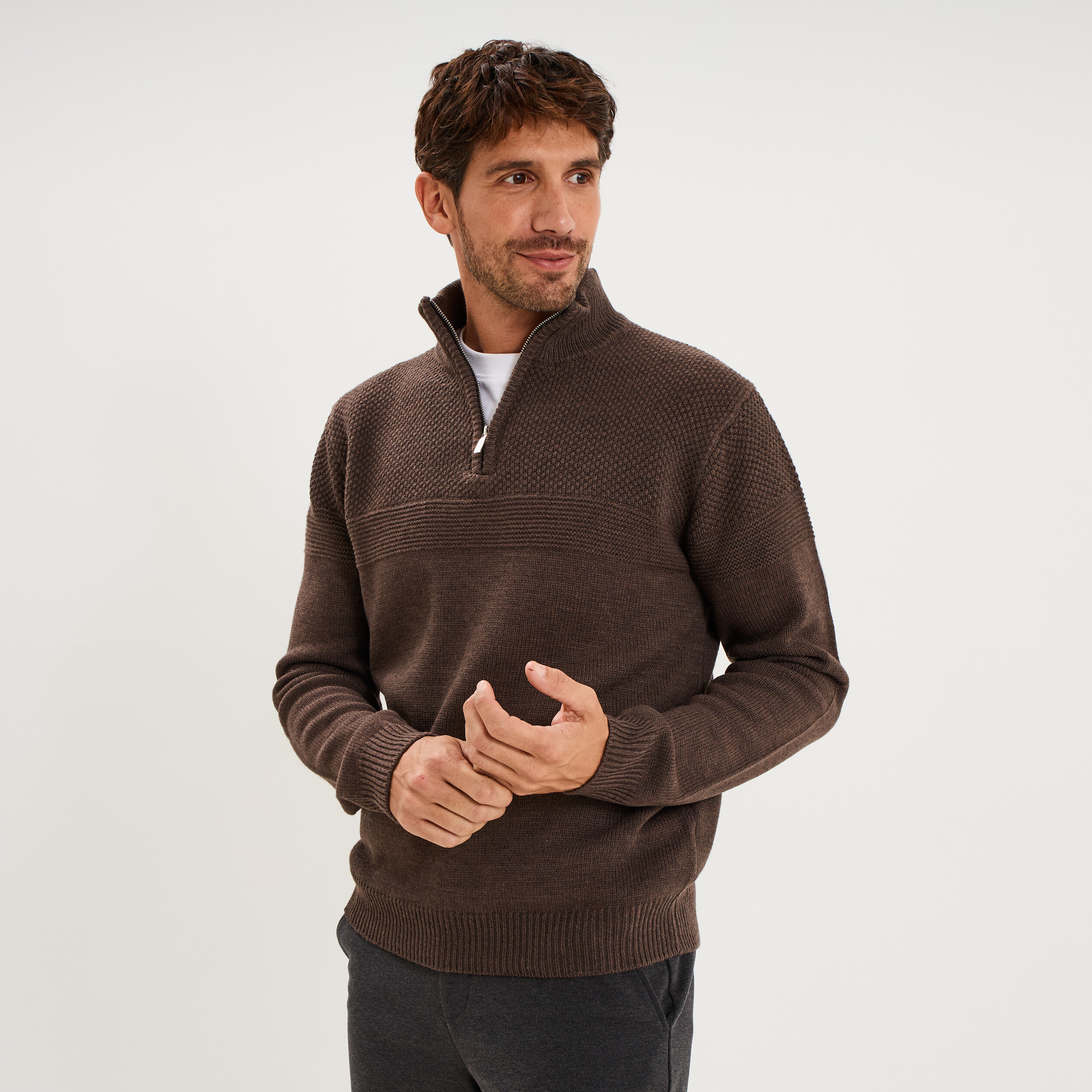 Pull col camionneur manches longues marron chocolat homme