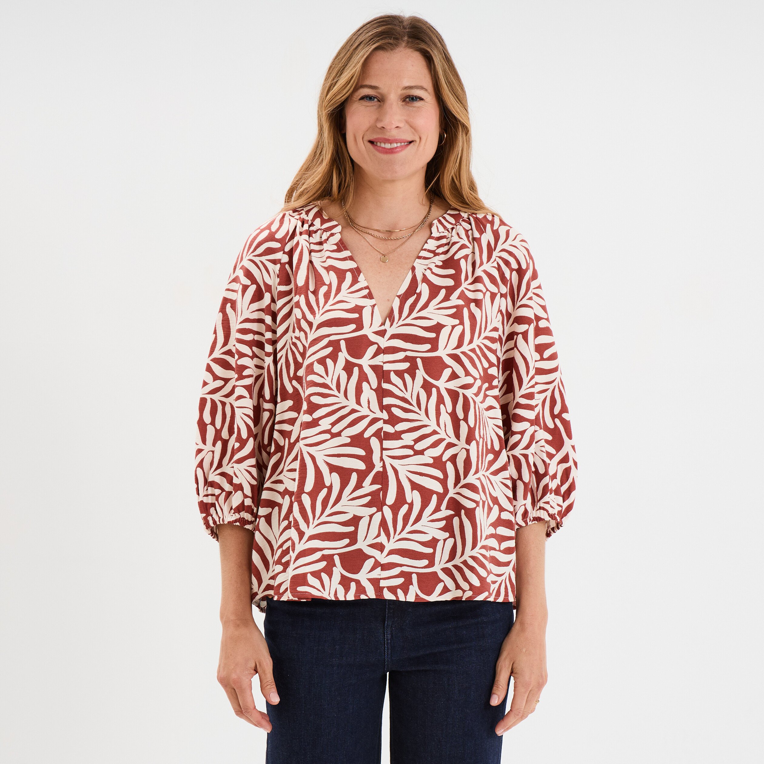 blouse manches 34 ballons col tunisien terracotta femme Blouse manches 3/4 ballons col tunisien terracotta femme