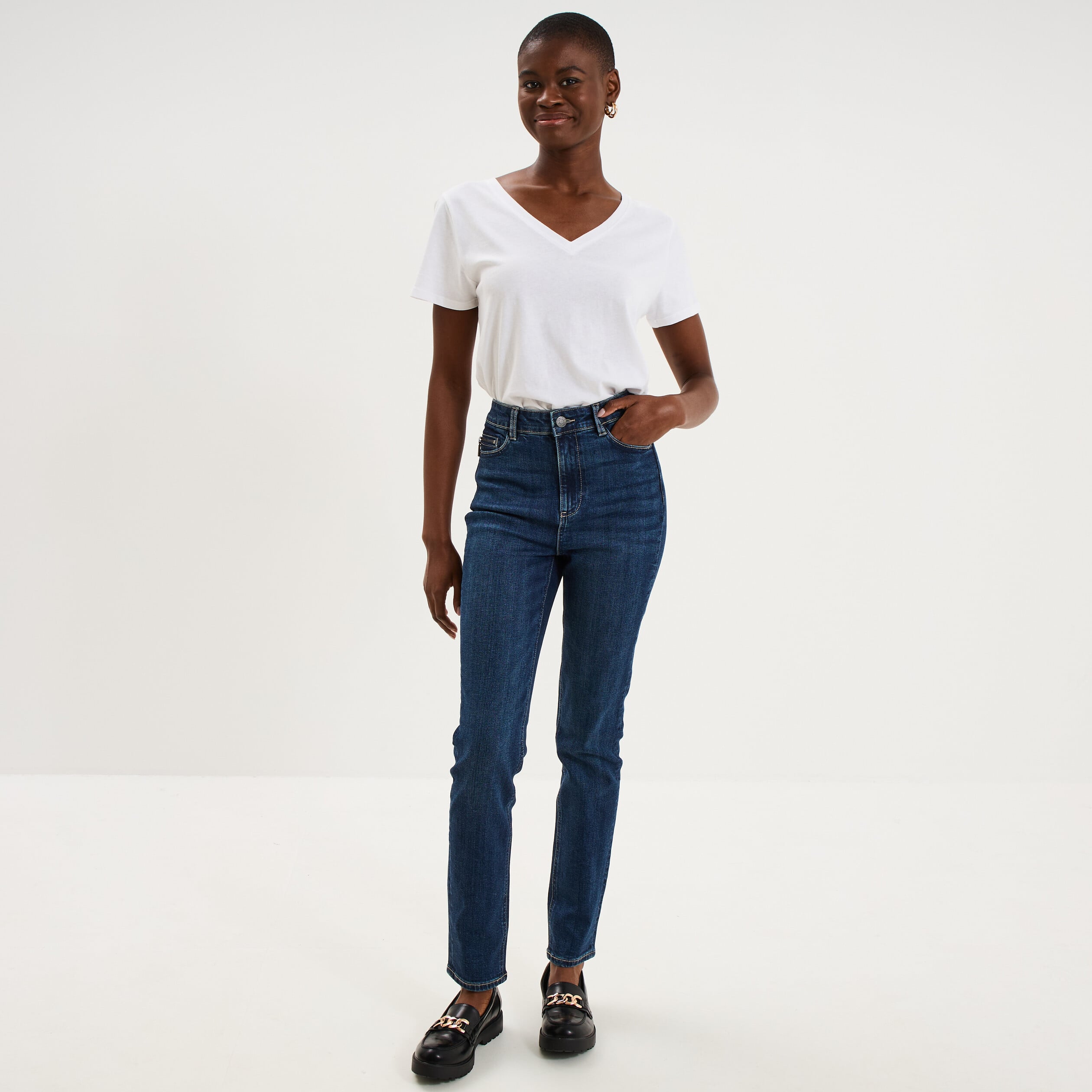 Jean skinny taille haute bleu fonc&eacute; femme