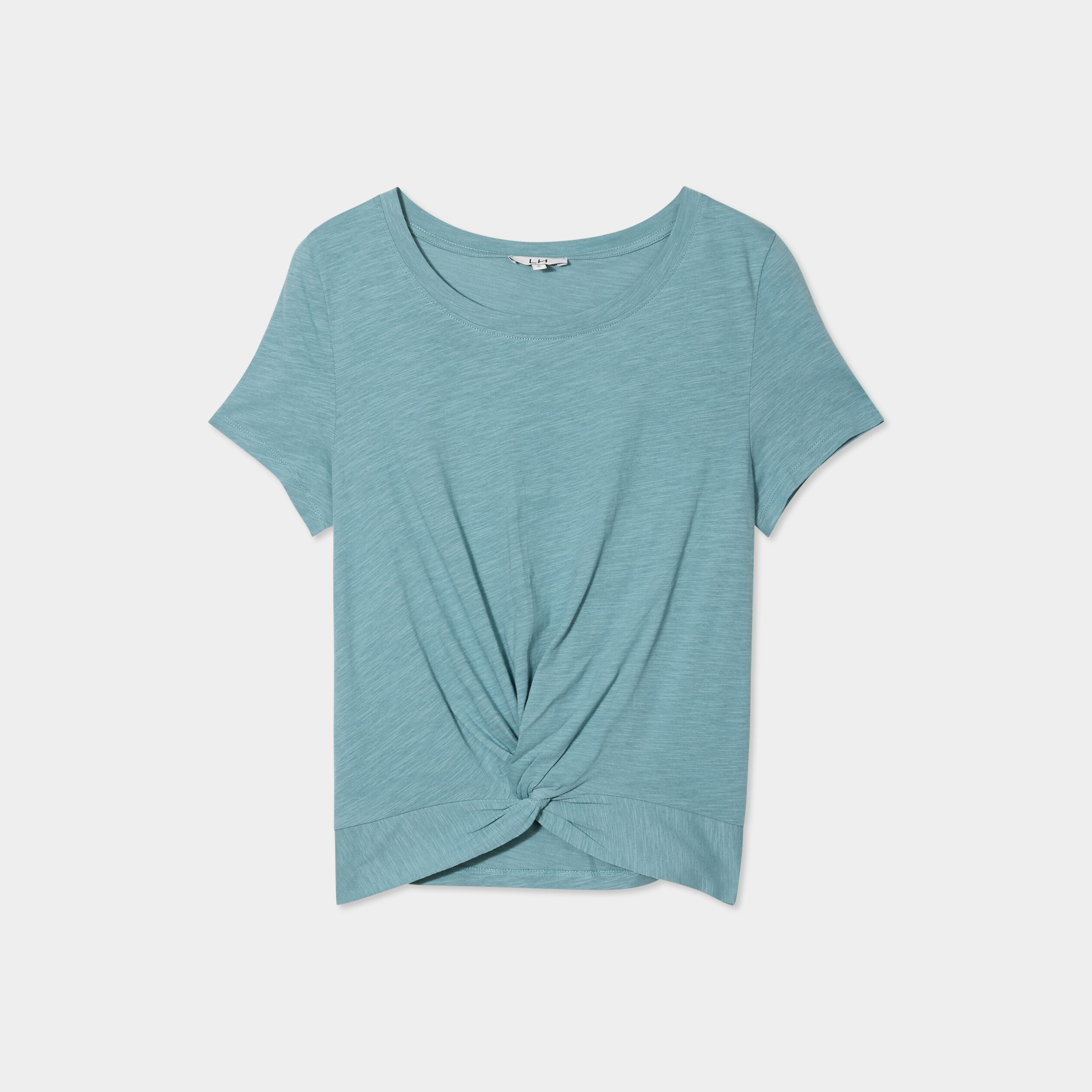 t shirt taille effet noue coton bleu gris femme T-shirt taille effet noué coton bleu gris femme