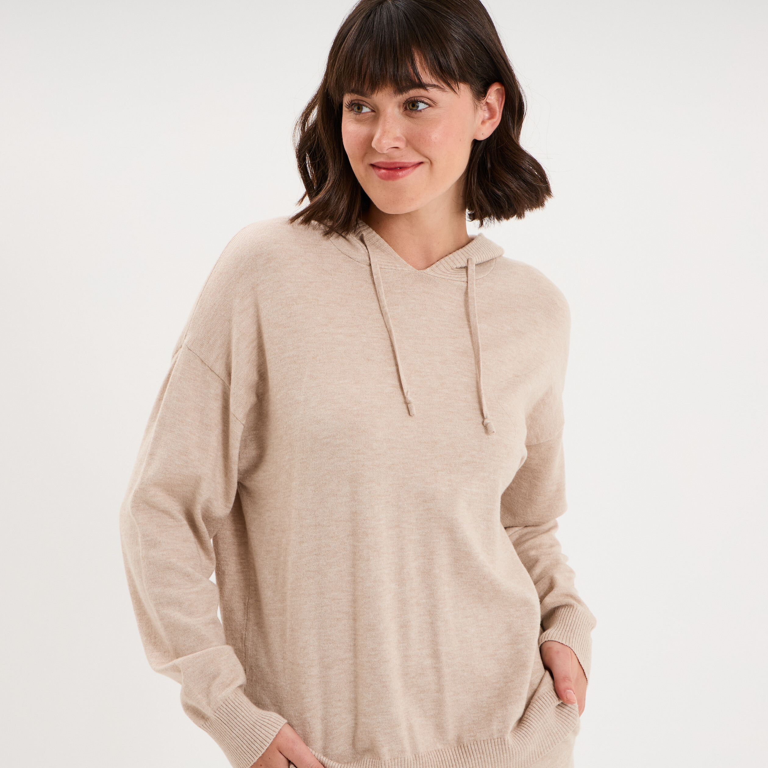 Haut de pyjama hoodie manches longues beige femme
