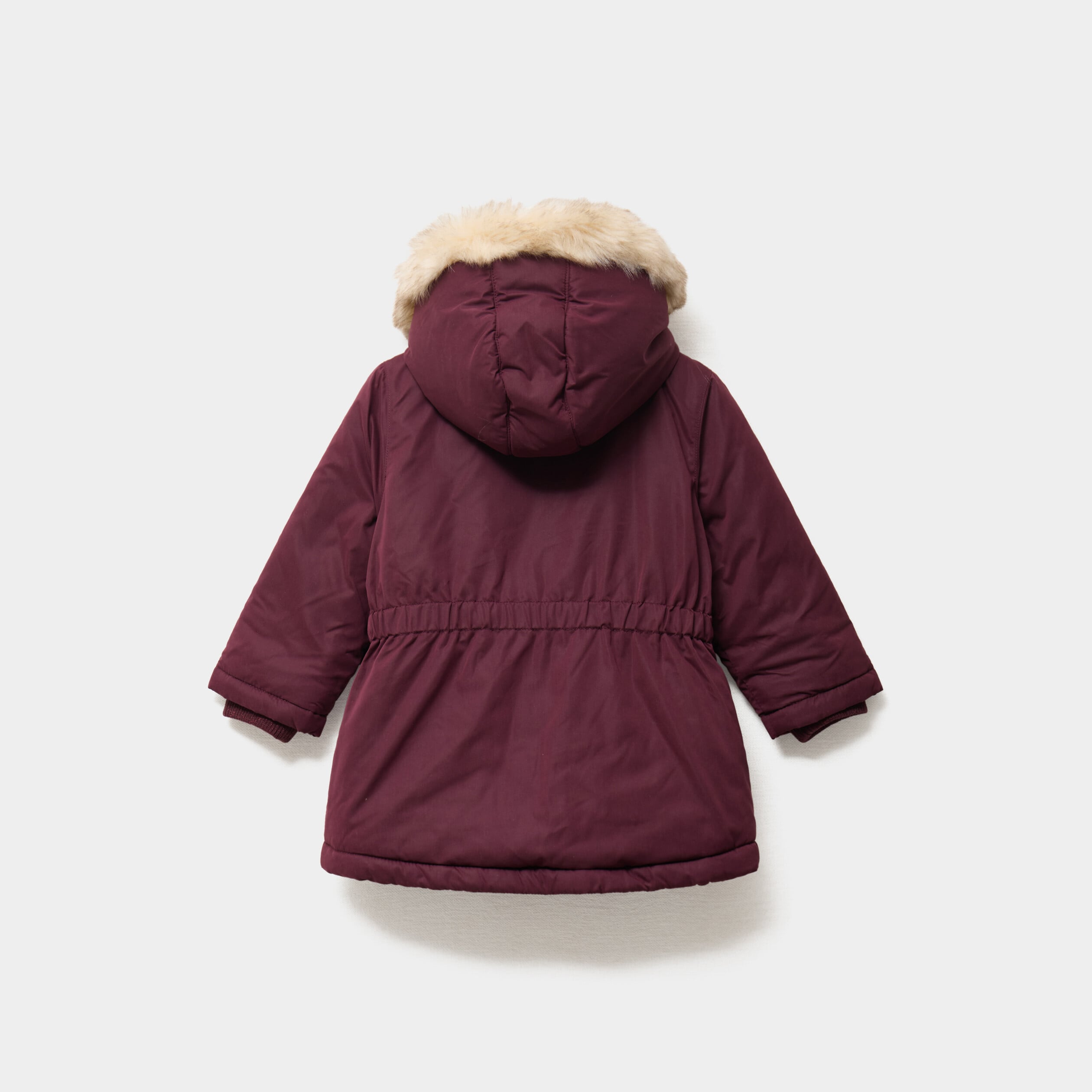 Manteau &agrave; capuche fausse fourrure bordeaux b&eacute;b&eacute; fille