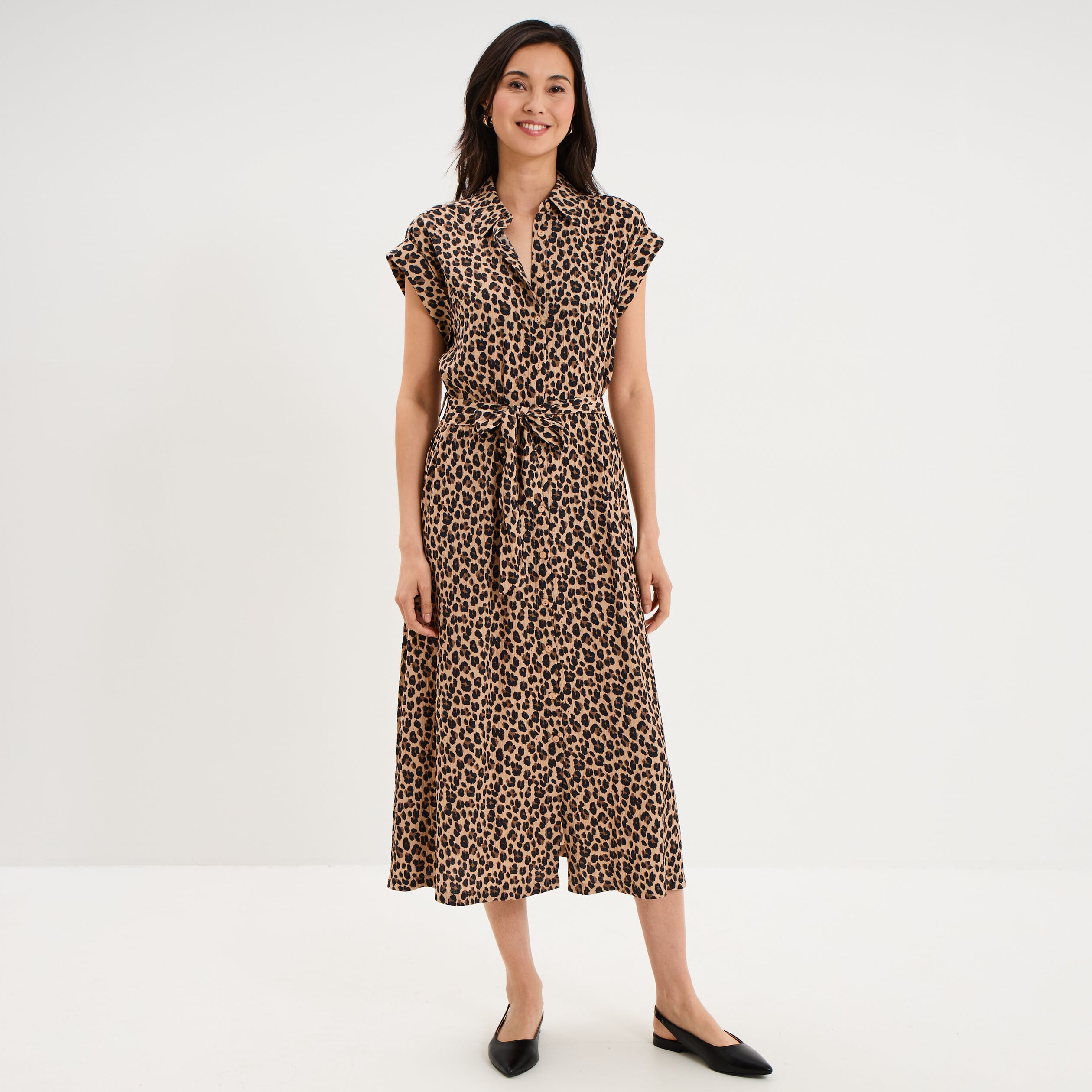 Robe chemise longue taille ajustable beige clair femme