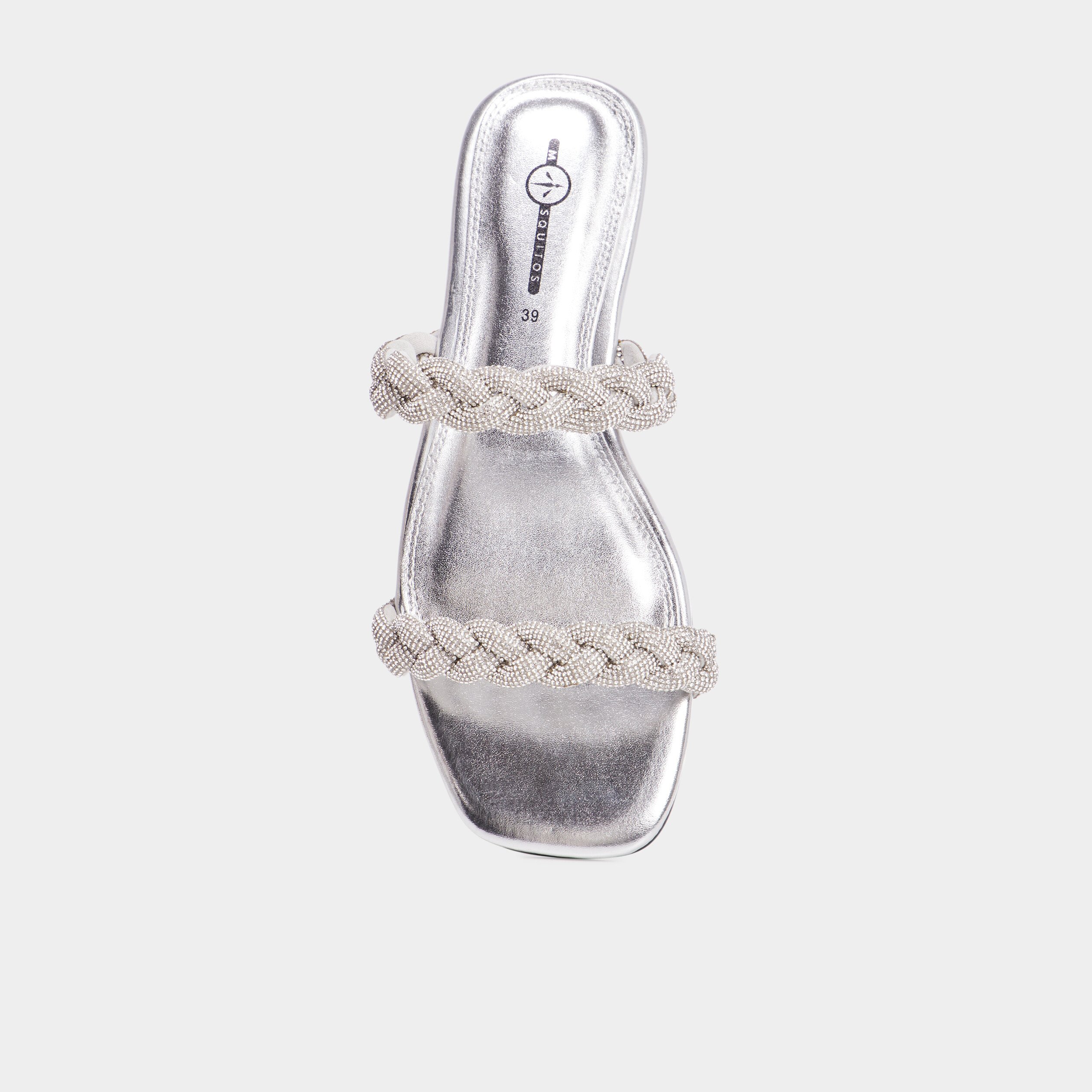 Mules brides tress&eacute;es strass Mosquitos gris argent femme