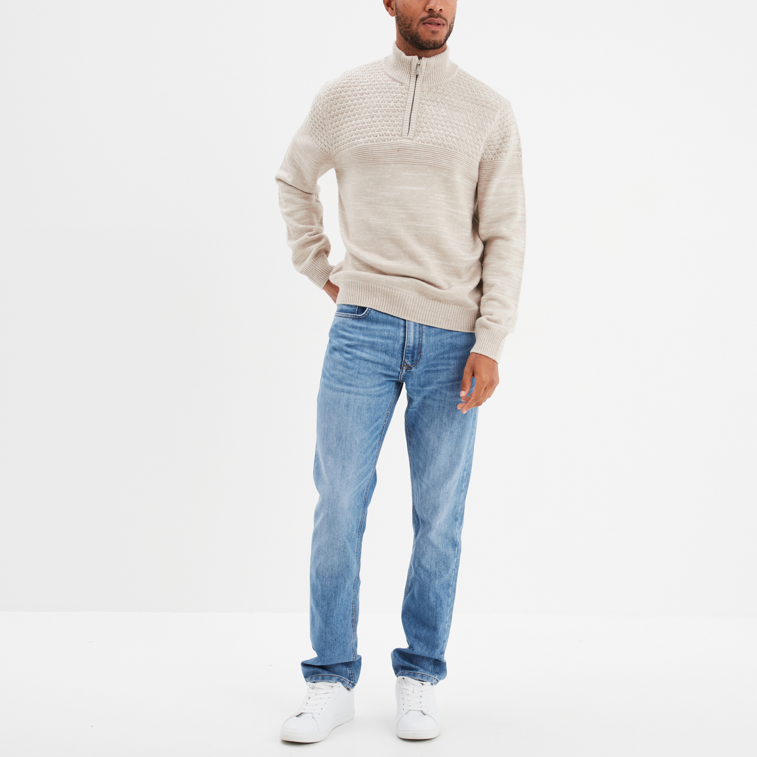 Pull col camionneur zipp&eacute; gris clair homme