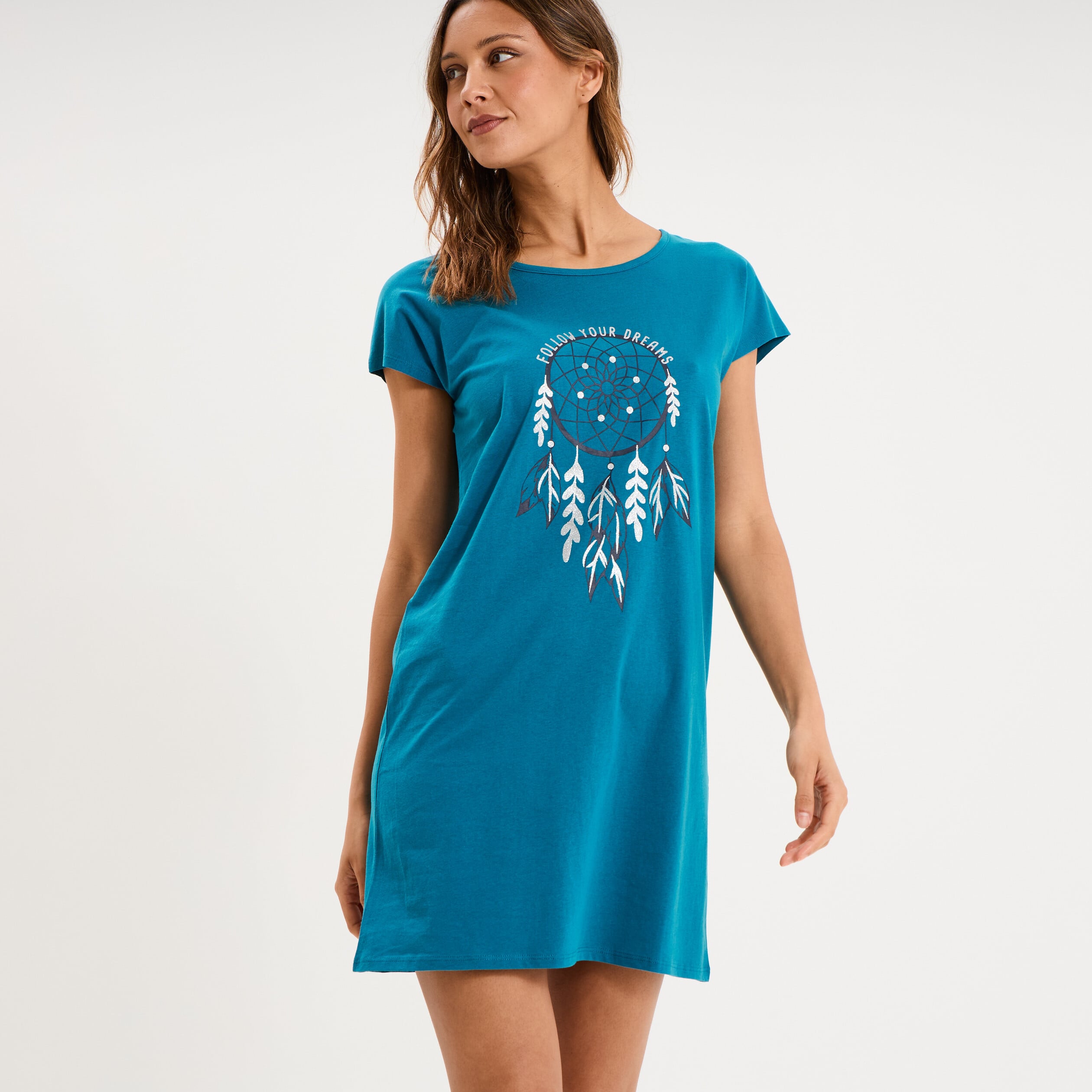 Chemise de nuit courte col rond bleu canard femme
