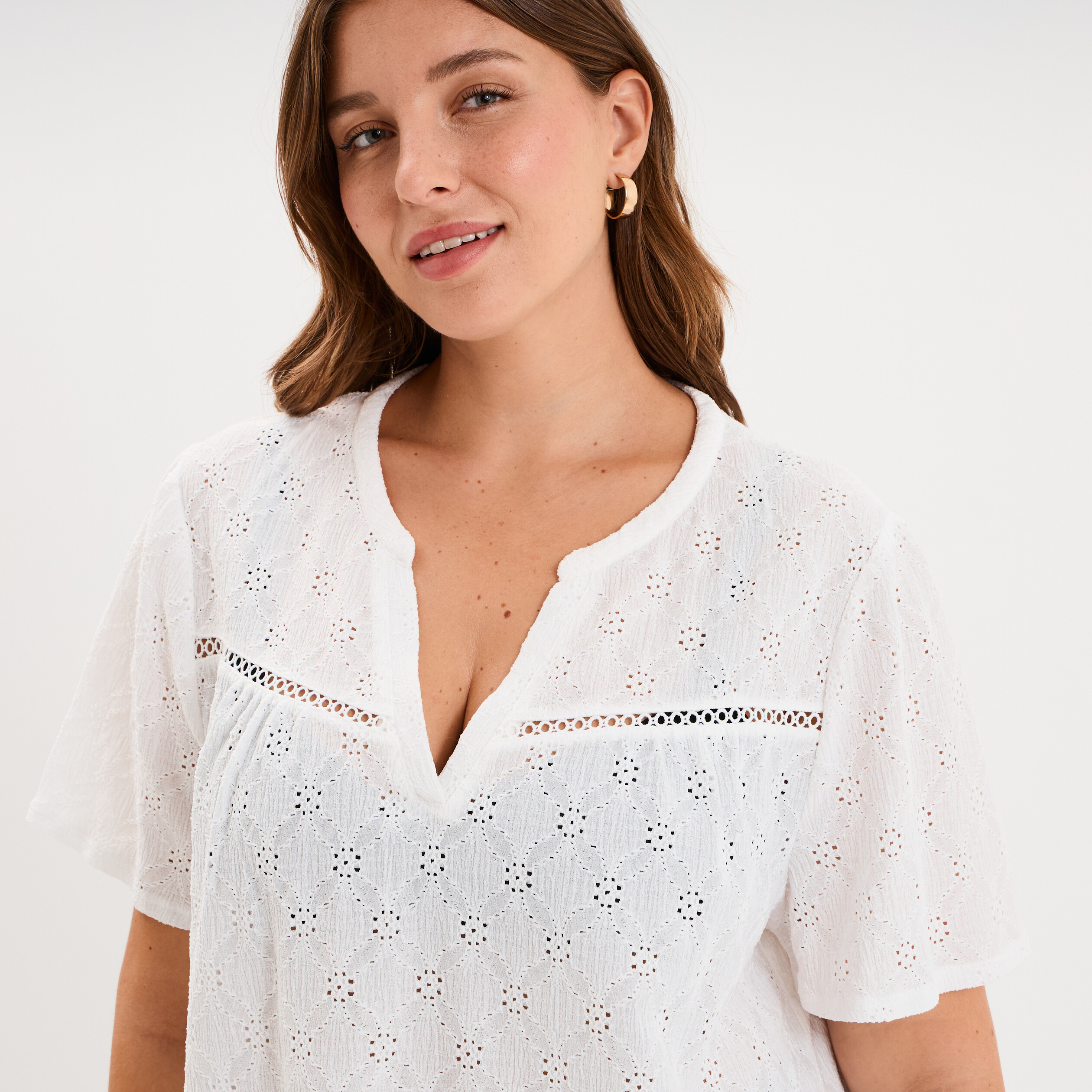 T-shirt broderie anglaise col tunisien blanc femme grande taille
