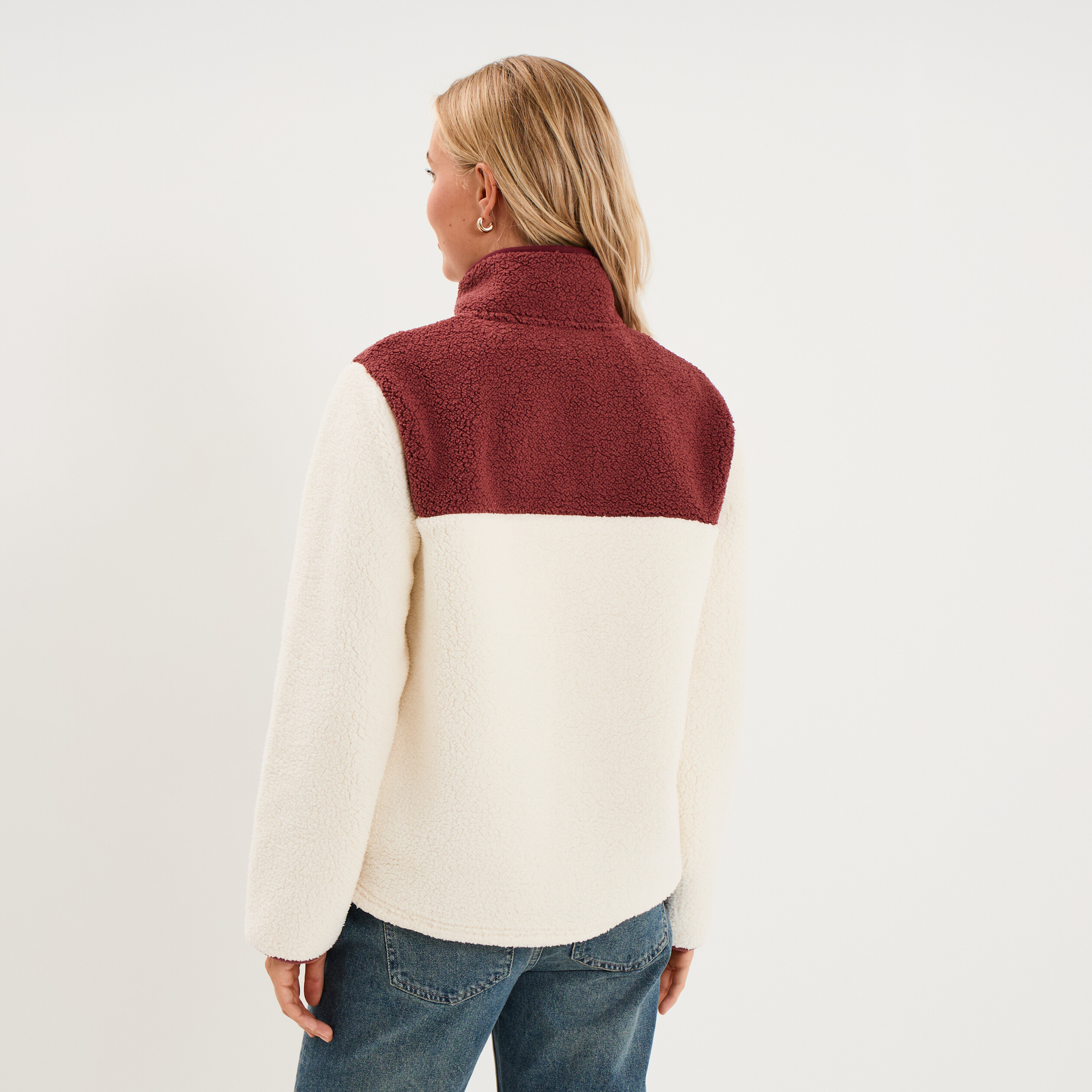 Sweat polaire col camionneur boutonn&eacute; blanc femme