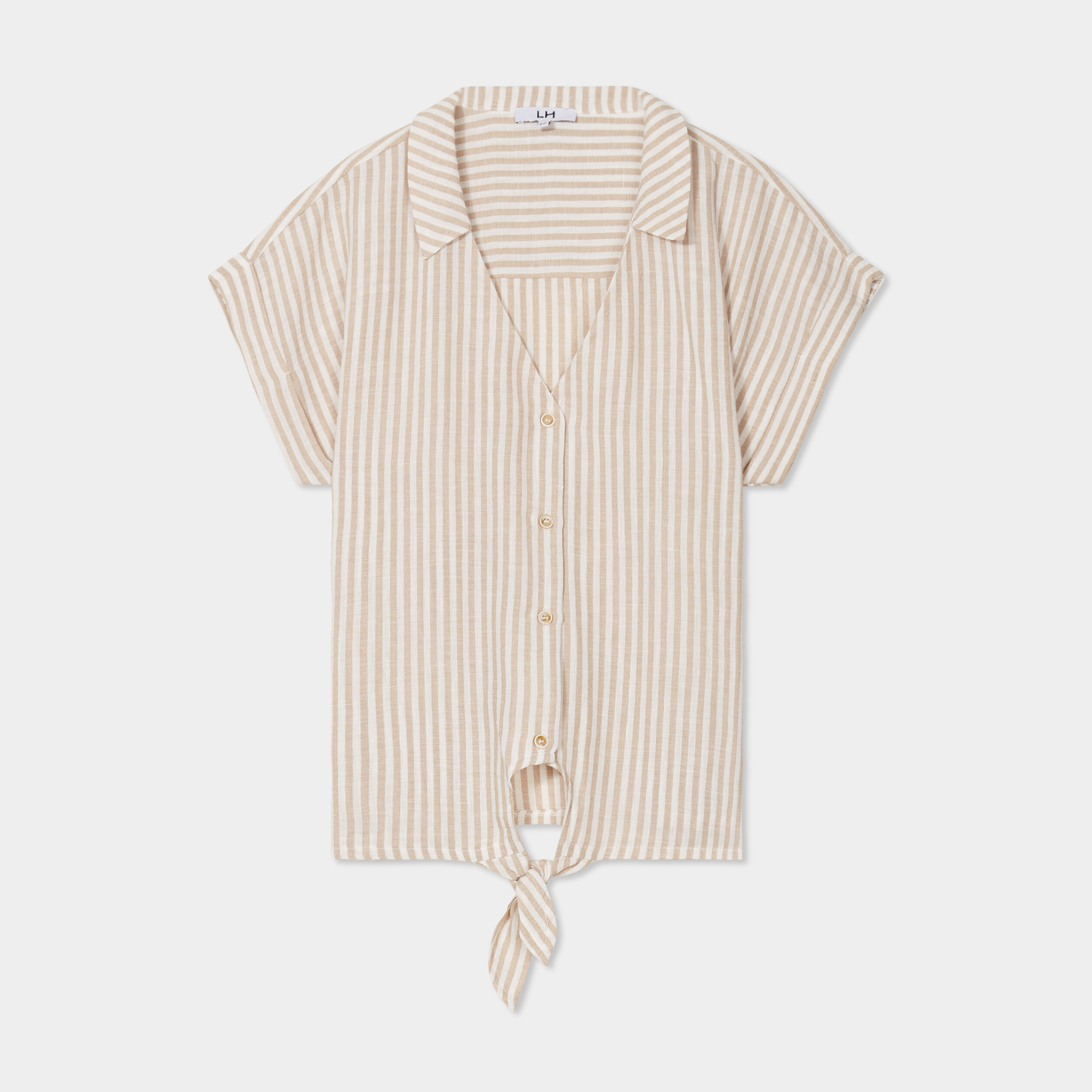 blouse nouee ajustee manches courtes beige femme Blouse nouée ajustée manches courtes beige femme