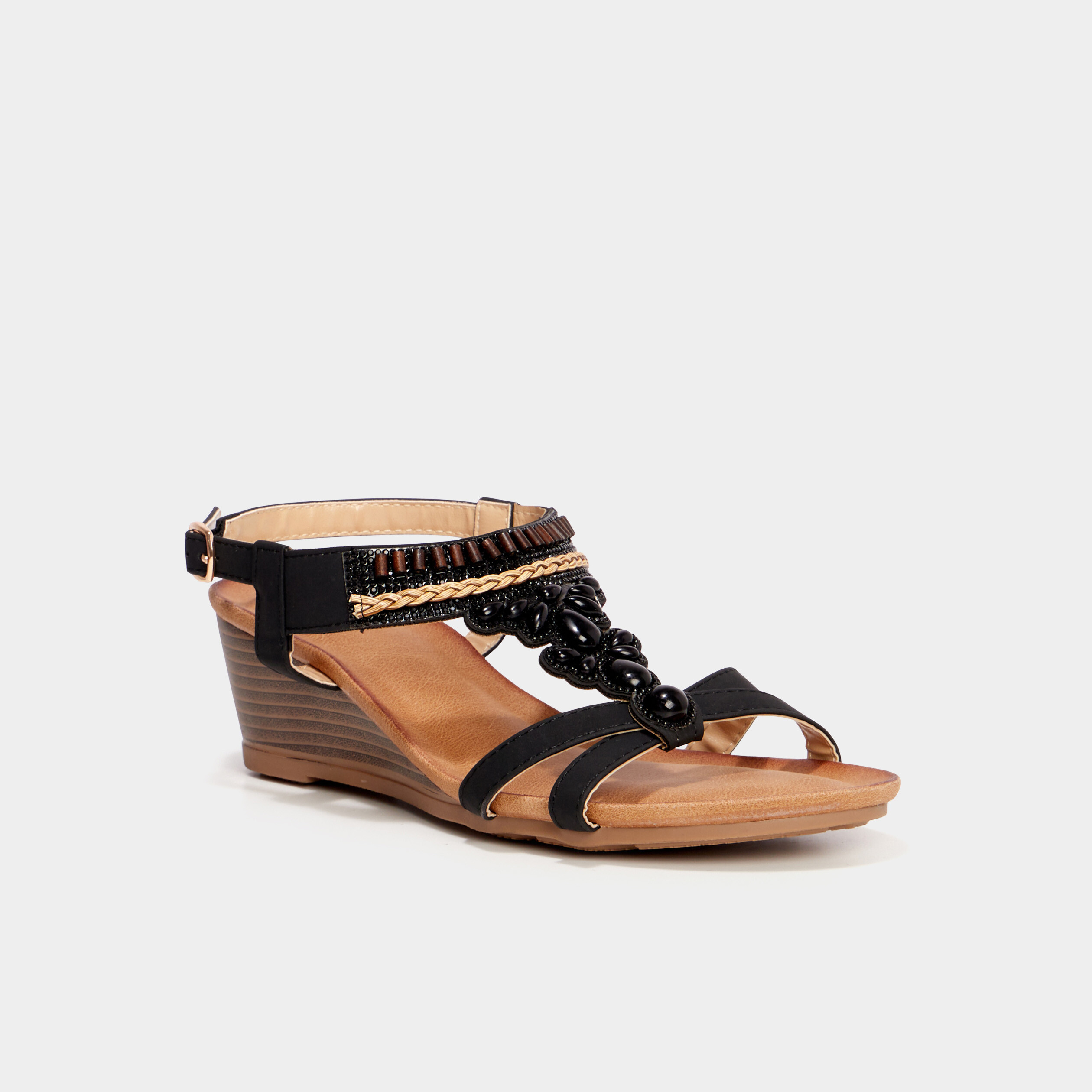 Sandales compens&eacute;es d&eacute;tails bijoux noir femme