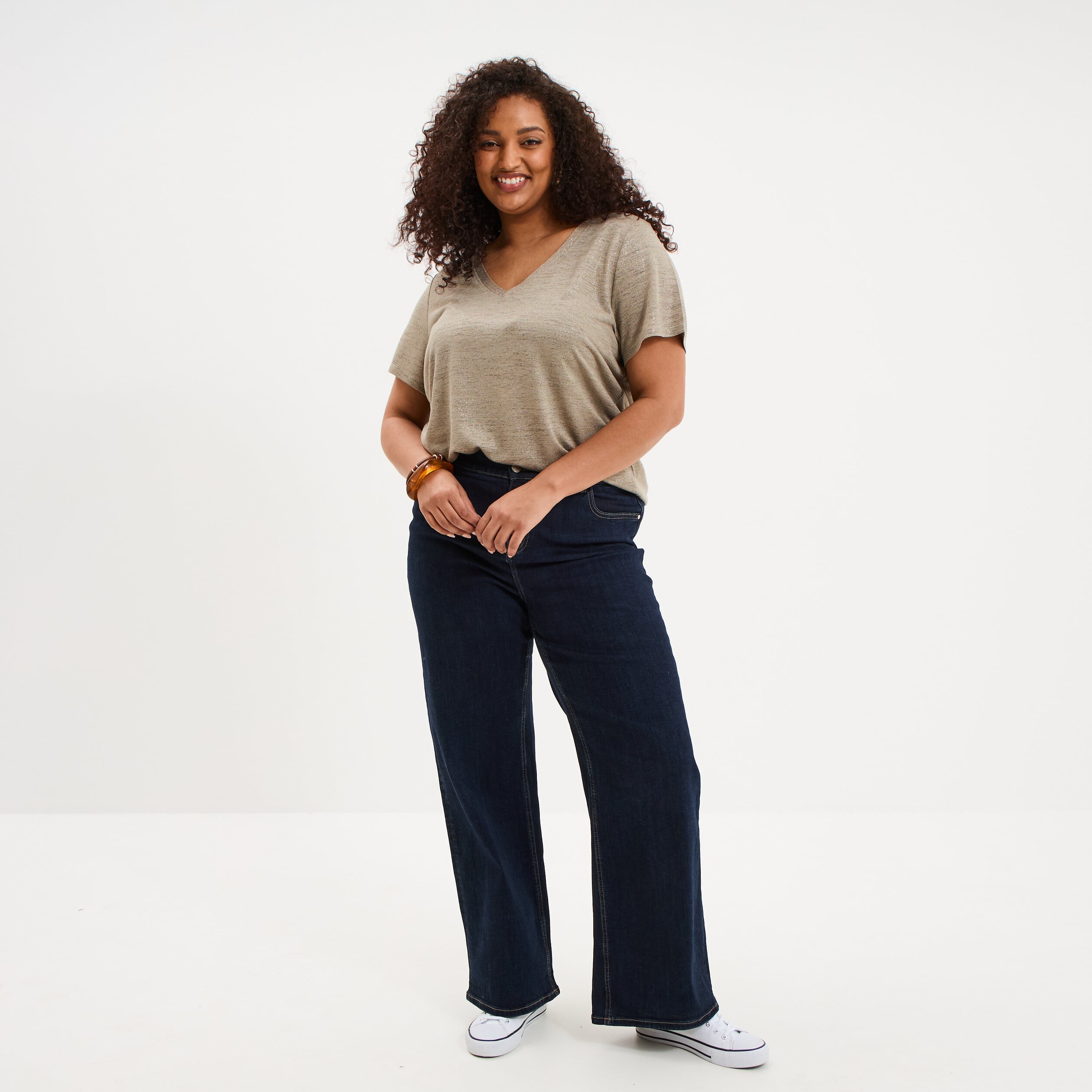 T-shirt col en V manches courtes vert kaki femme grande taille