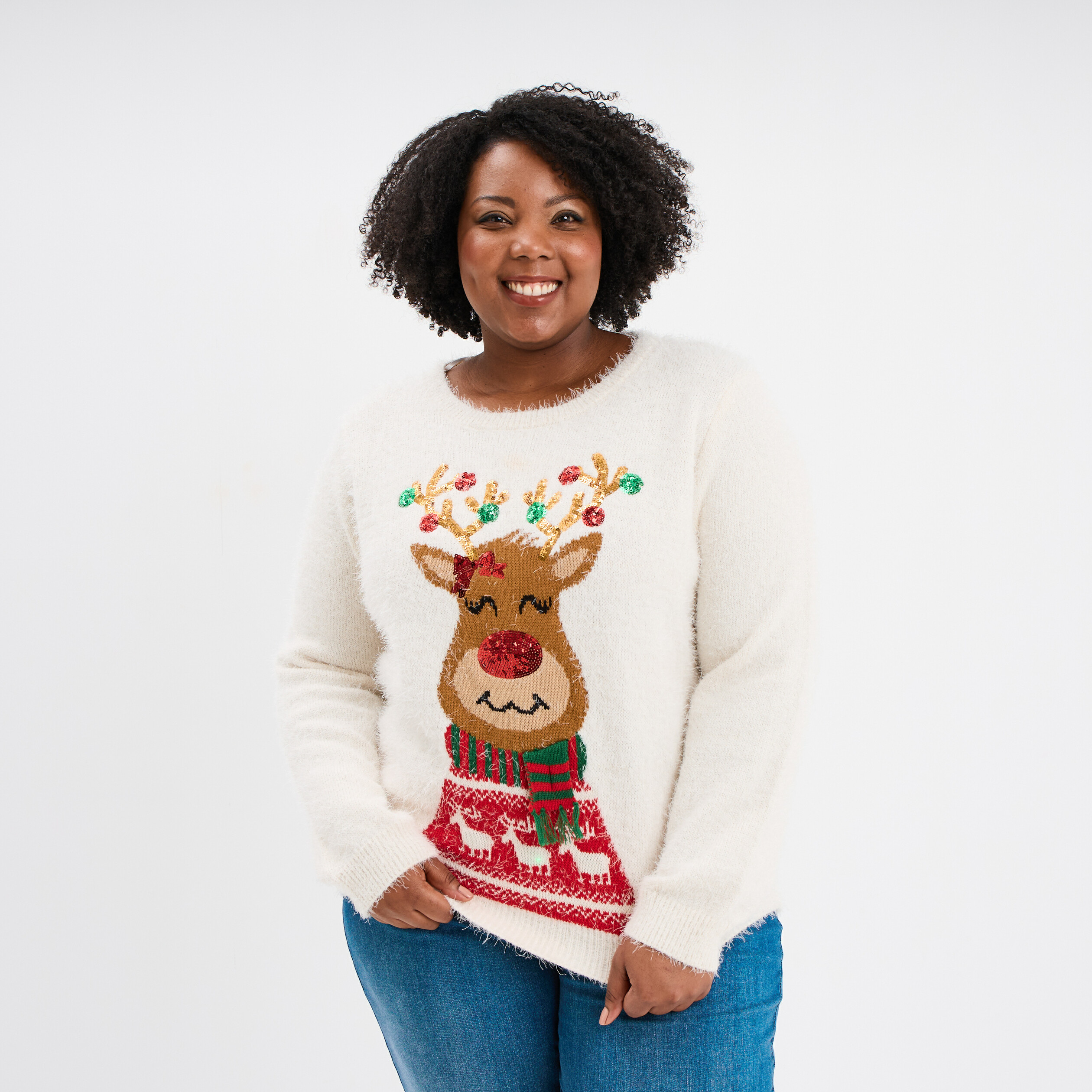 Pull de Noël col rond manches longues ivoire femme grande taille