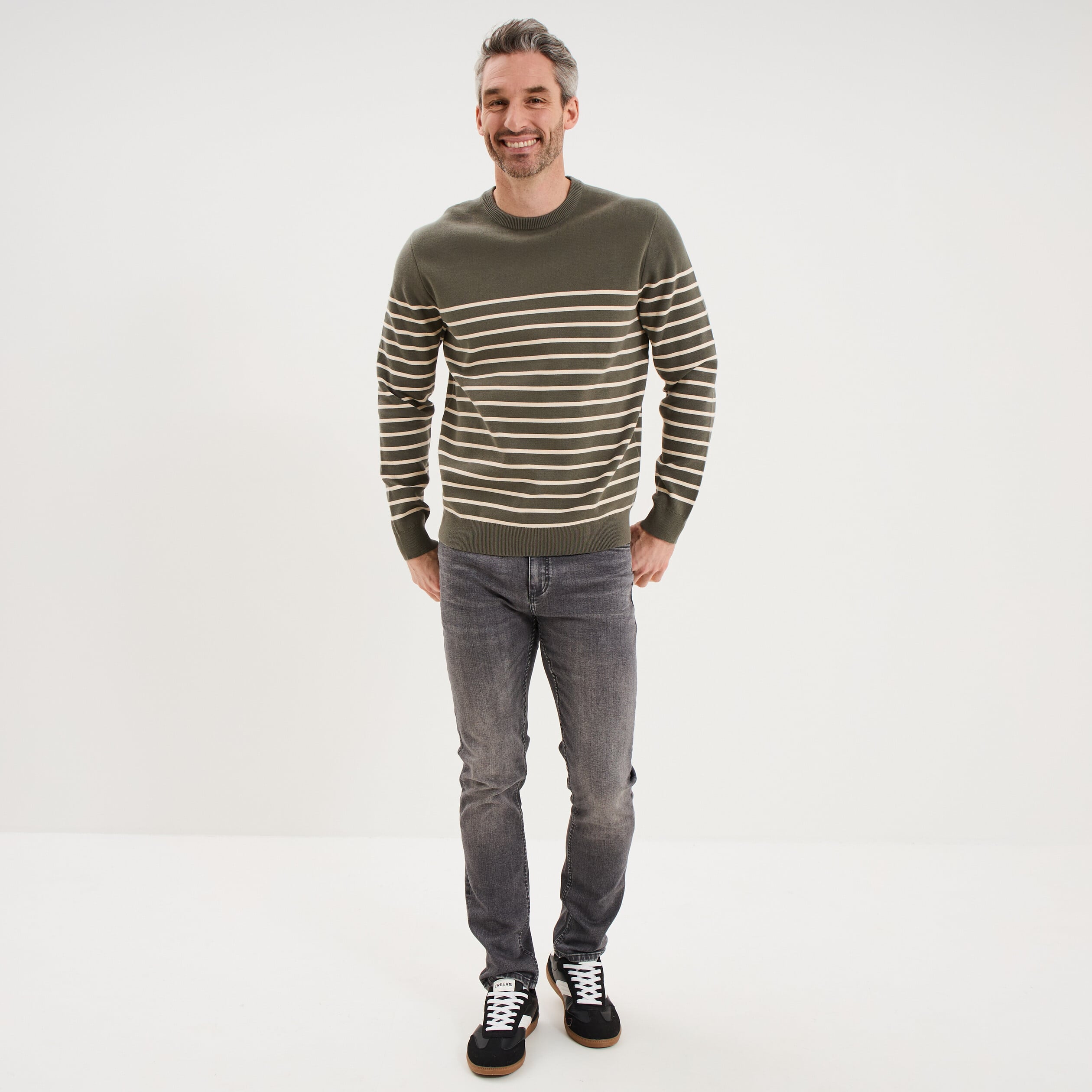 Pull col rond manches longues vert kaki homme