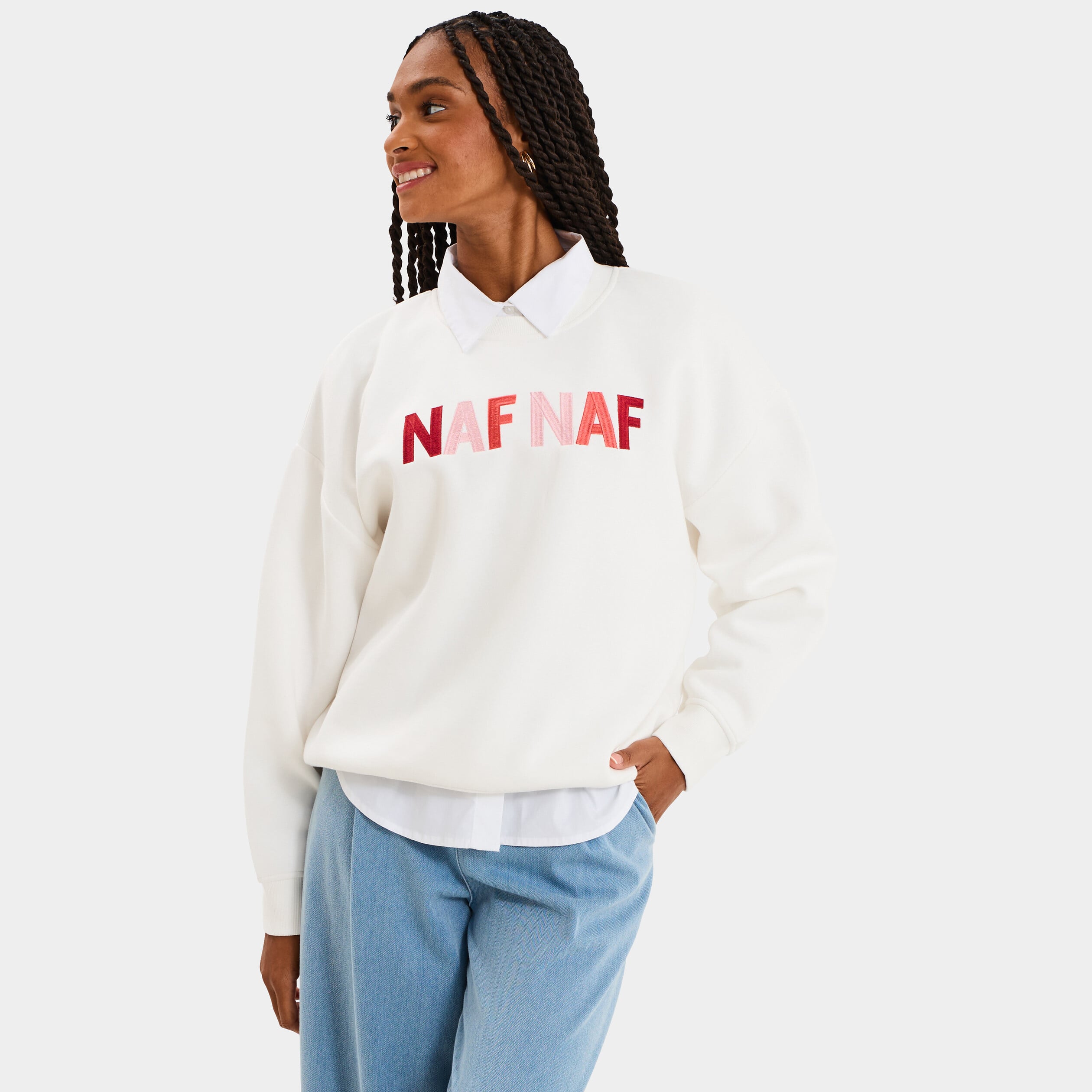 Sweat col rond logo oversize blanc femme