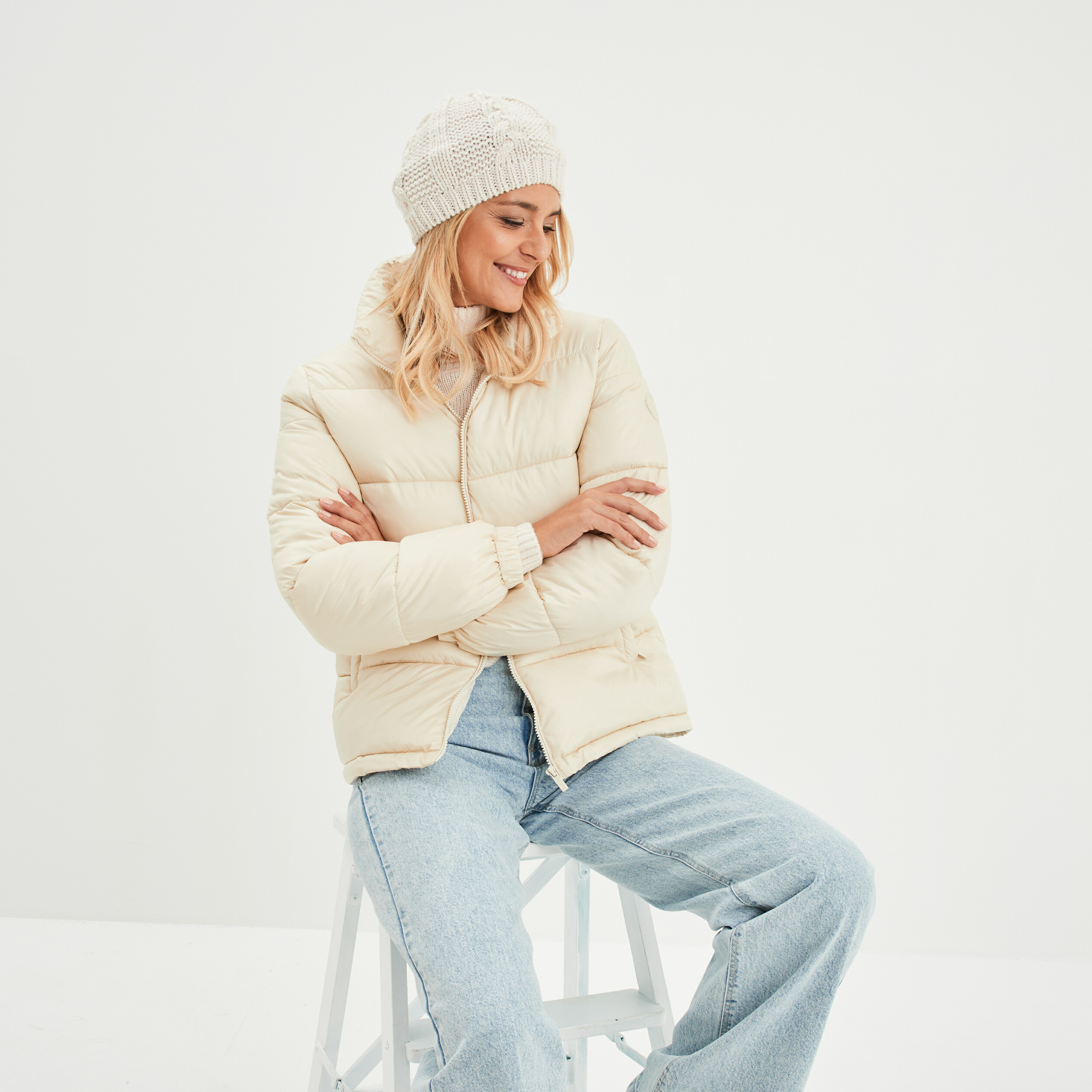 Doudoune col montant zippée ivoire femme