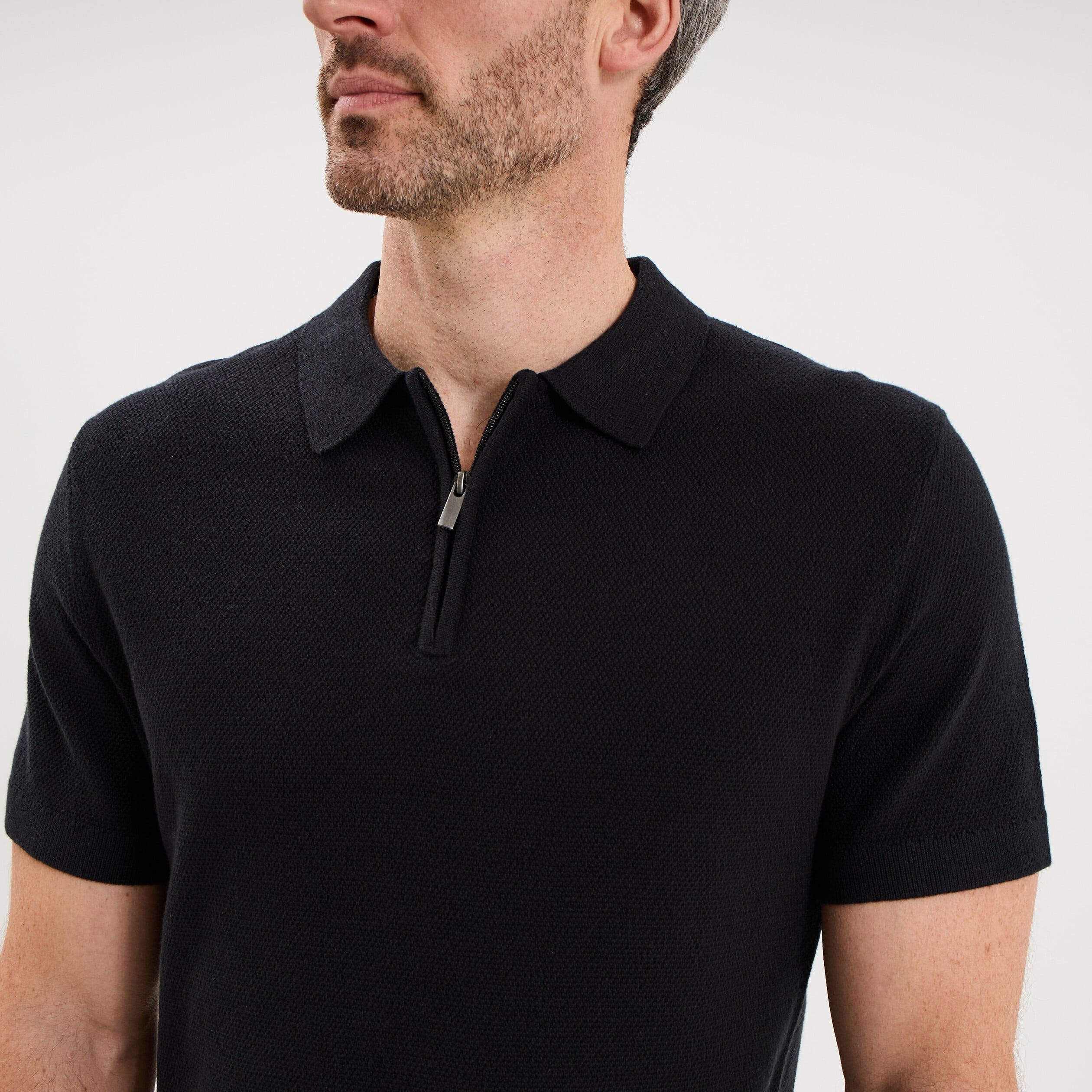 Polo col zipp&eacute; manches courtes coton noir homme