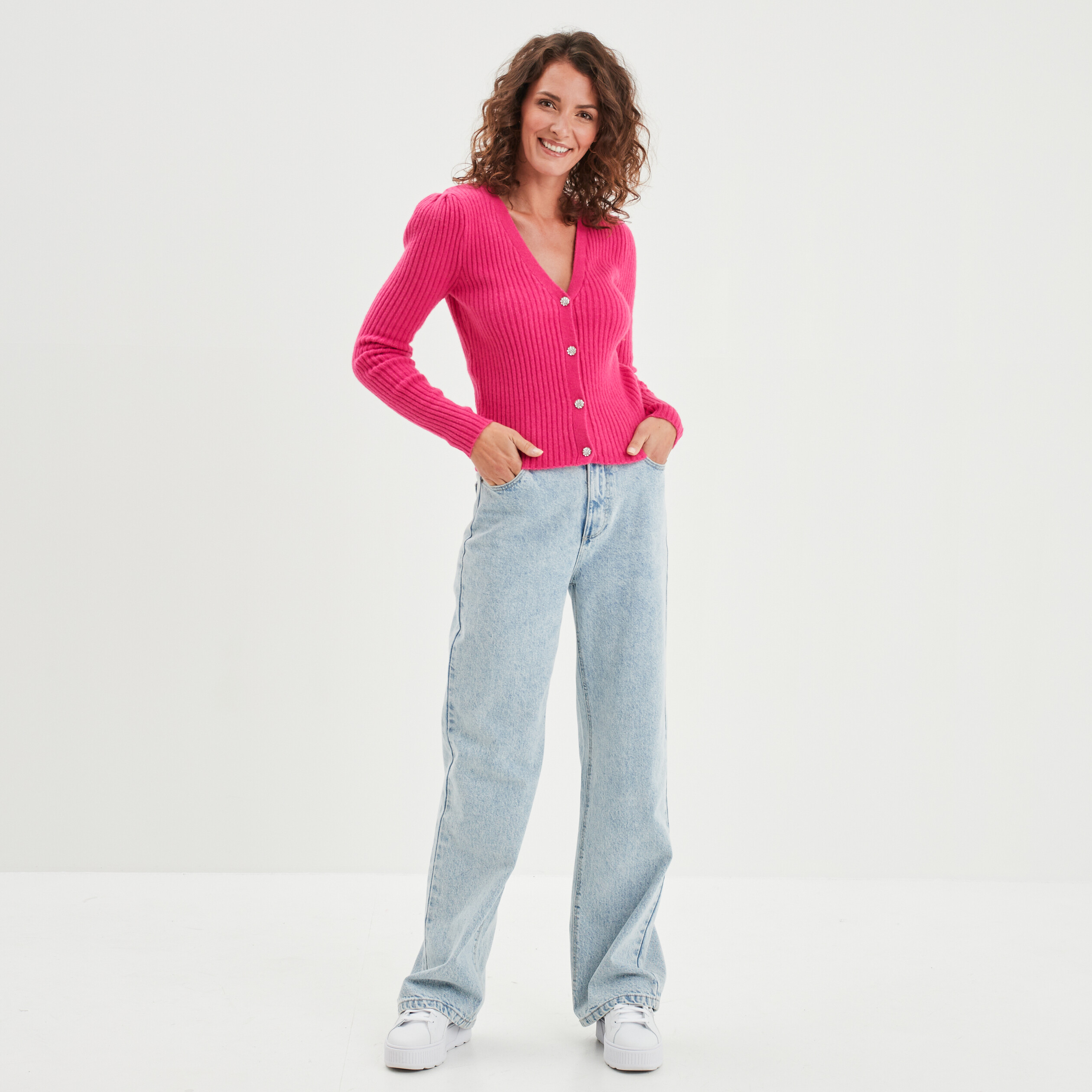 Gilet c tel col en V boutons bijoux rose fushia femme