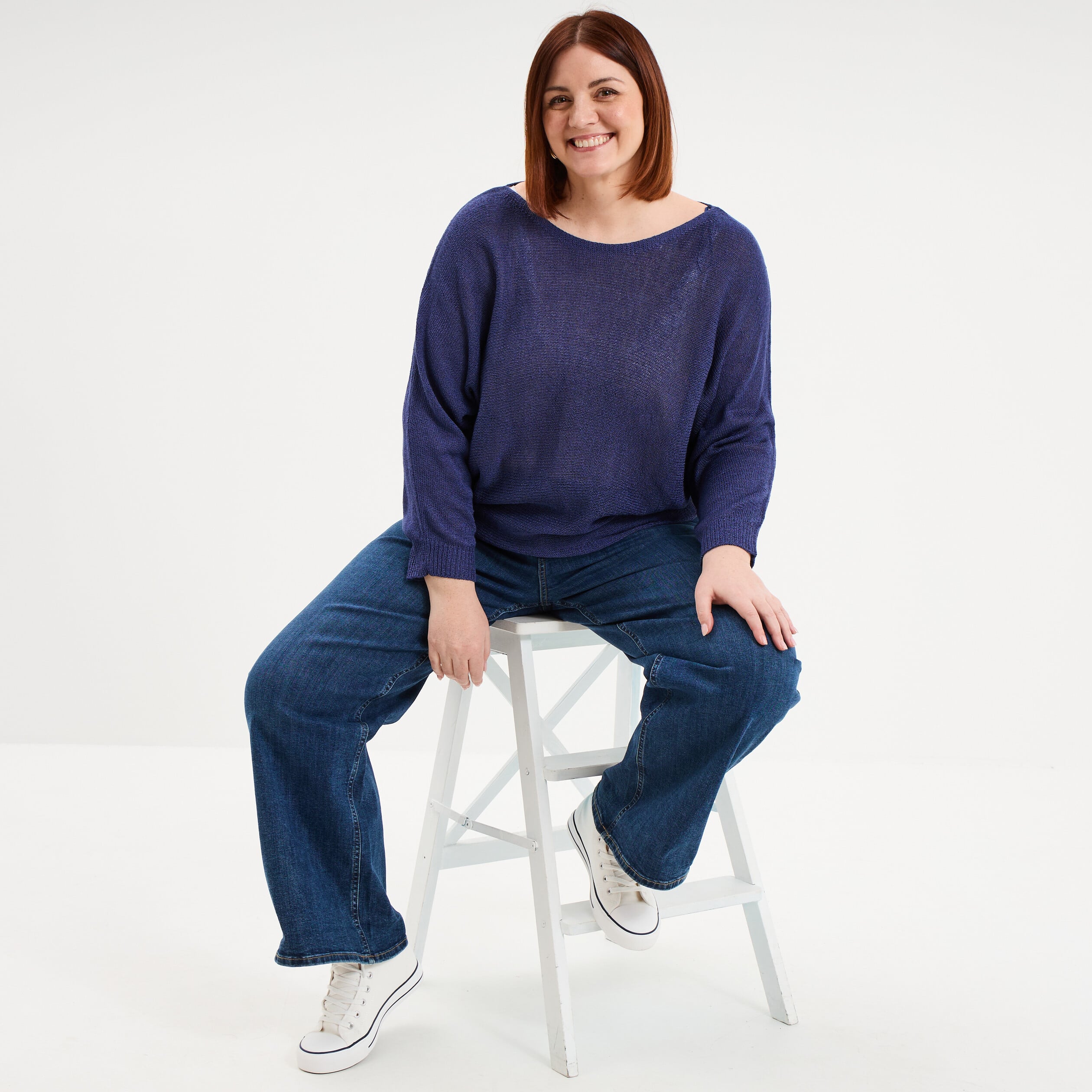 Pull manches longues col rond bleu marine femme grande taille