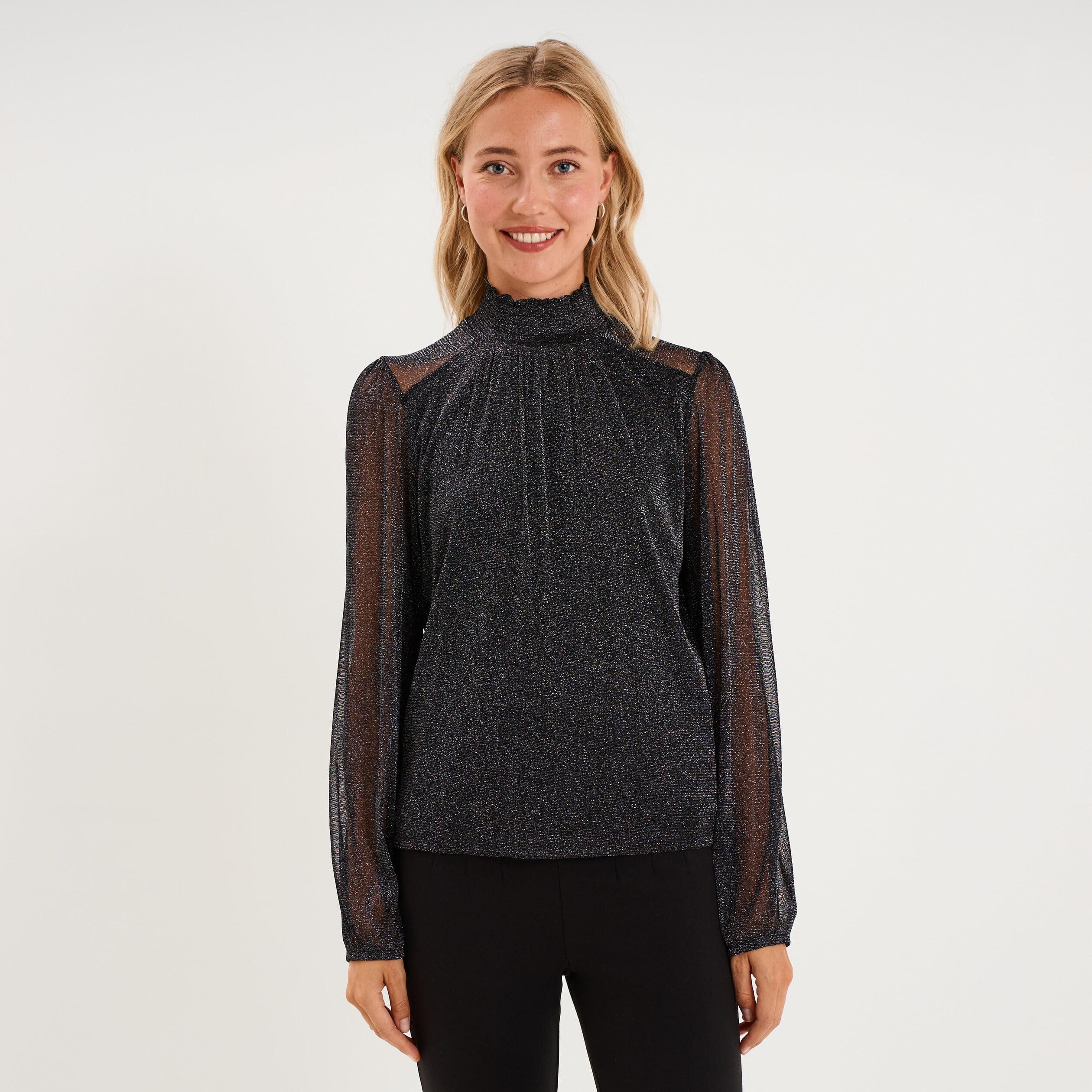 T-shirt fil m&eacute;tallis&eacute; col montant noir femme