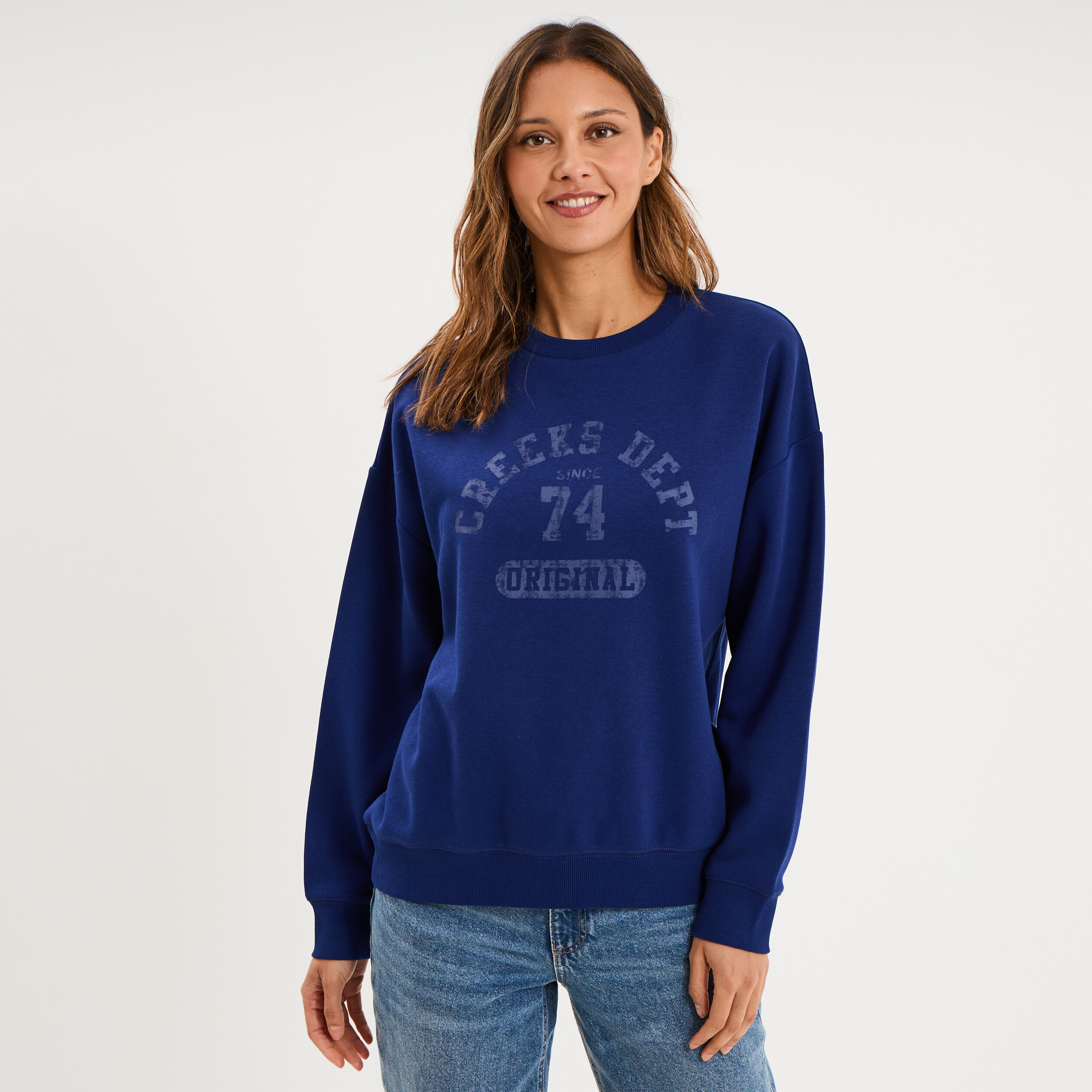 Sweat col rond manches longues bleu fonc&eacute; femme