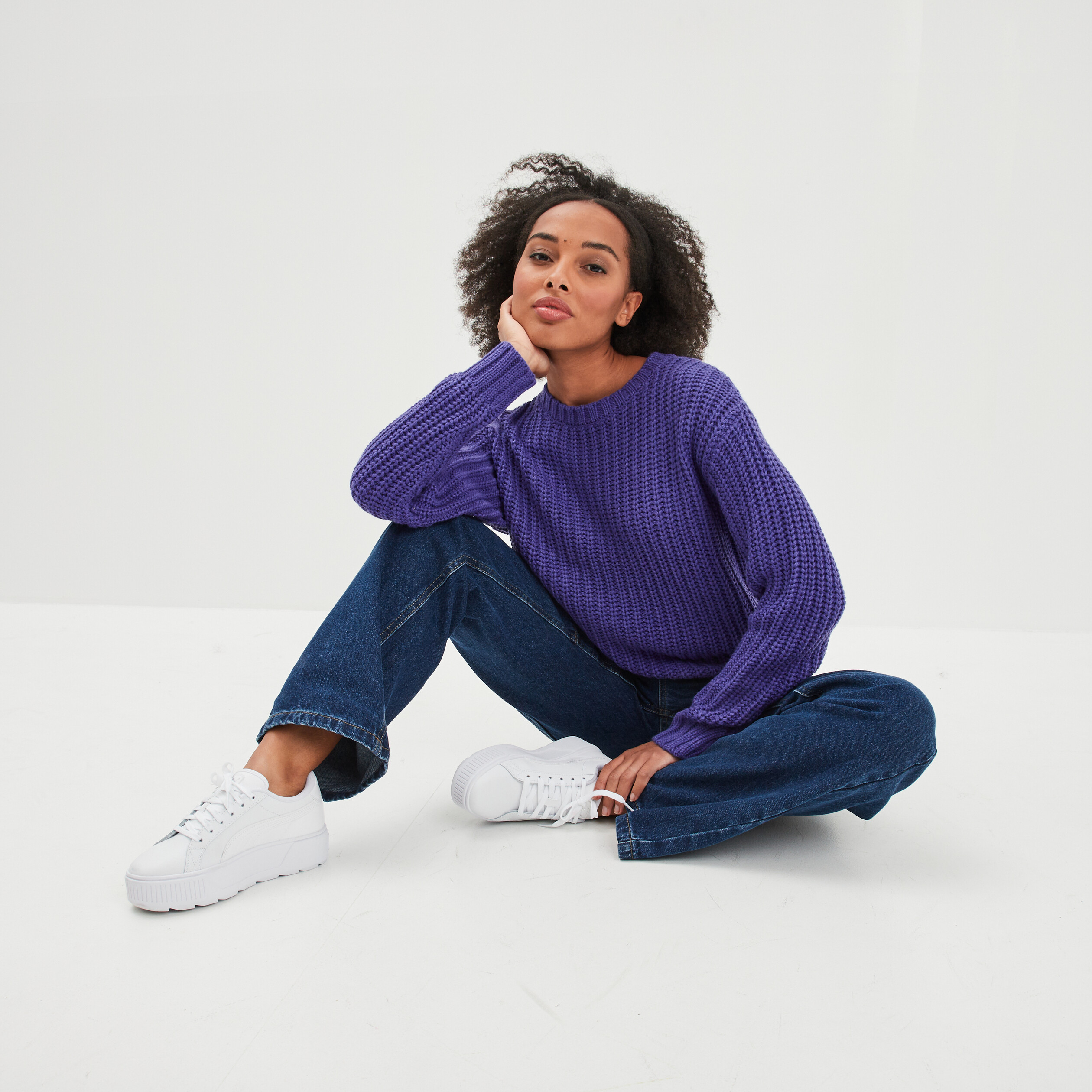 Pull côtelé col rond manches longues violet femme